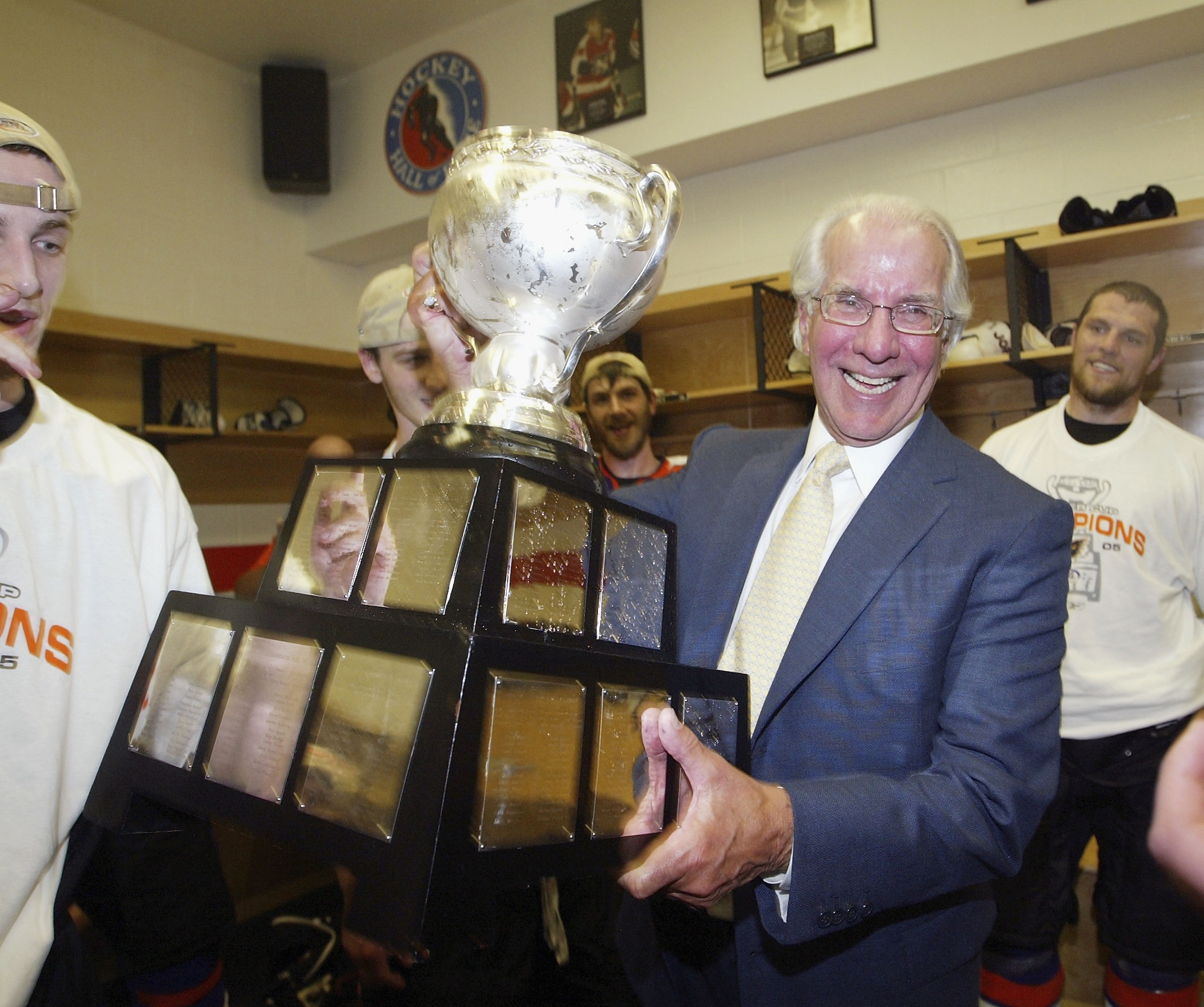 PHILADELPHIA - JUNE 10: Ed Snider, chairman of the Philadelphia Phantoms of the American Hockey League celebrates their 5-2 Calder Cup win over the Chicago Wolves at the Wachovia Center on June 10, 2005 in Philadelphia, Pennsylvania. (Photo by Bruce Benne