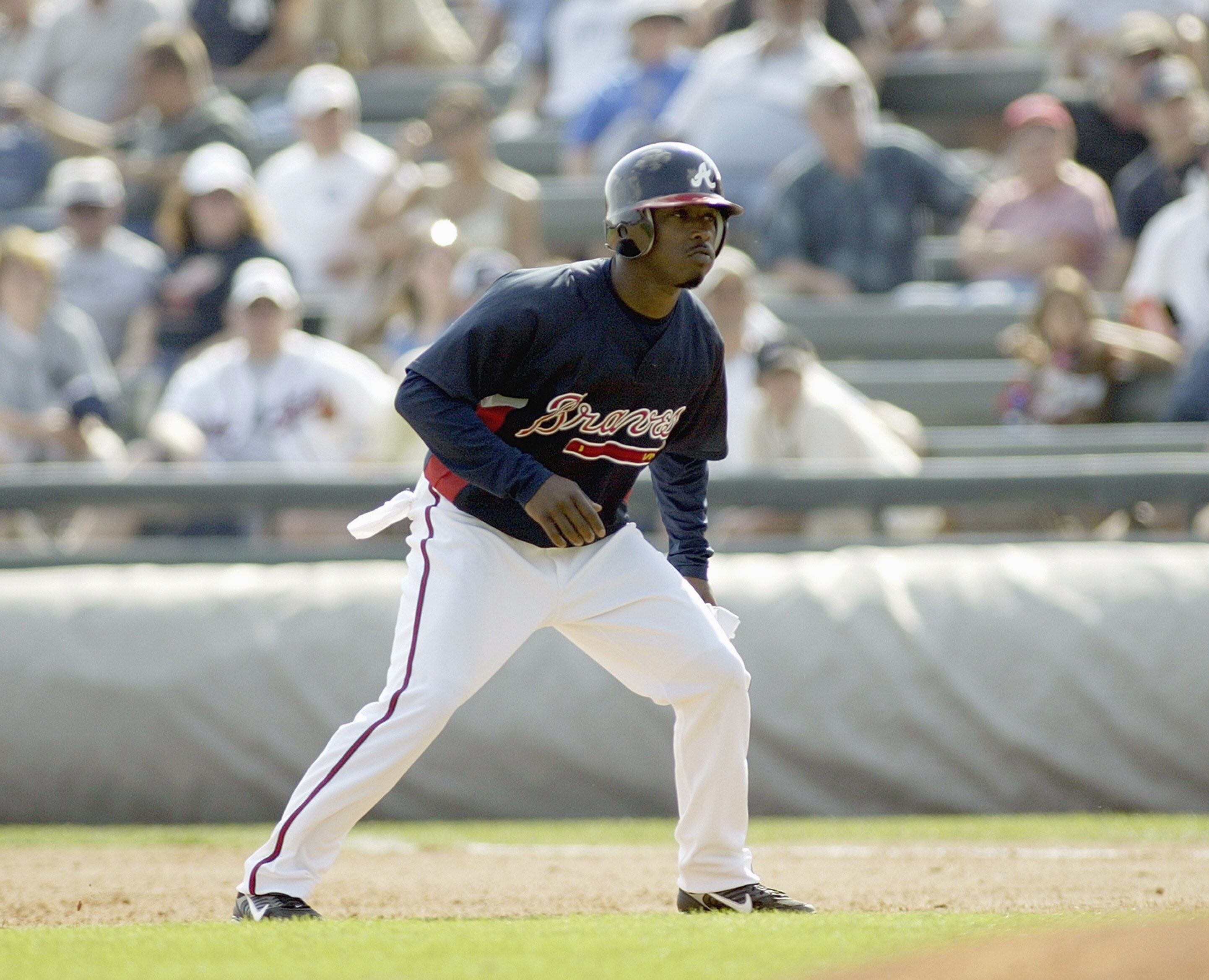 ORLANDO, FL - MARCH 8:  Willy Aybar #14  of the Atlanta Braves leads off the base during the Spring Training game against the New York Yankees on March 8, 2007 at The Ballpark at Disney's Wide World of Sports Complex in Kissimmee, Florida. The Yankees won