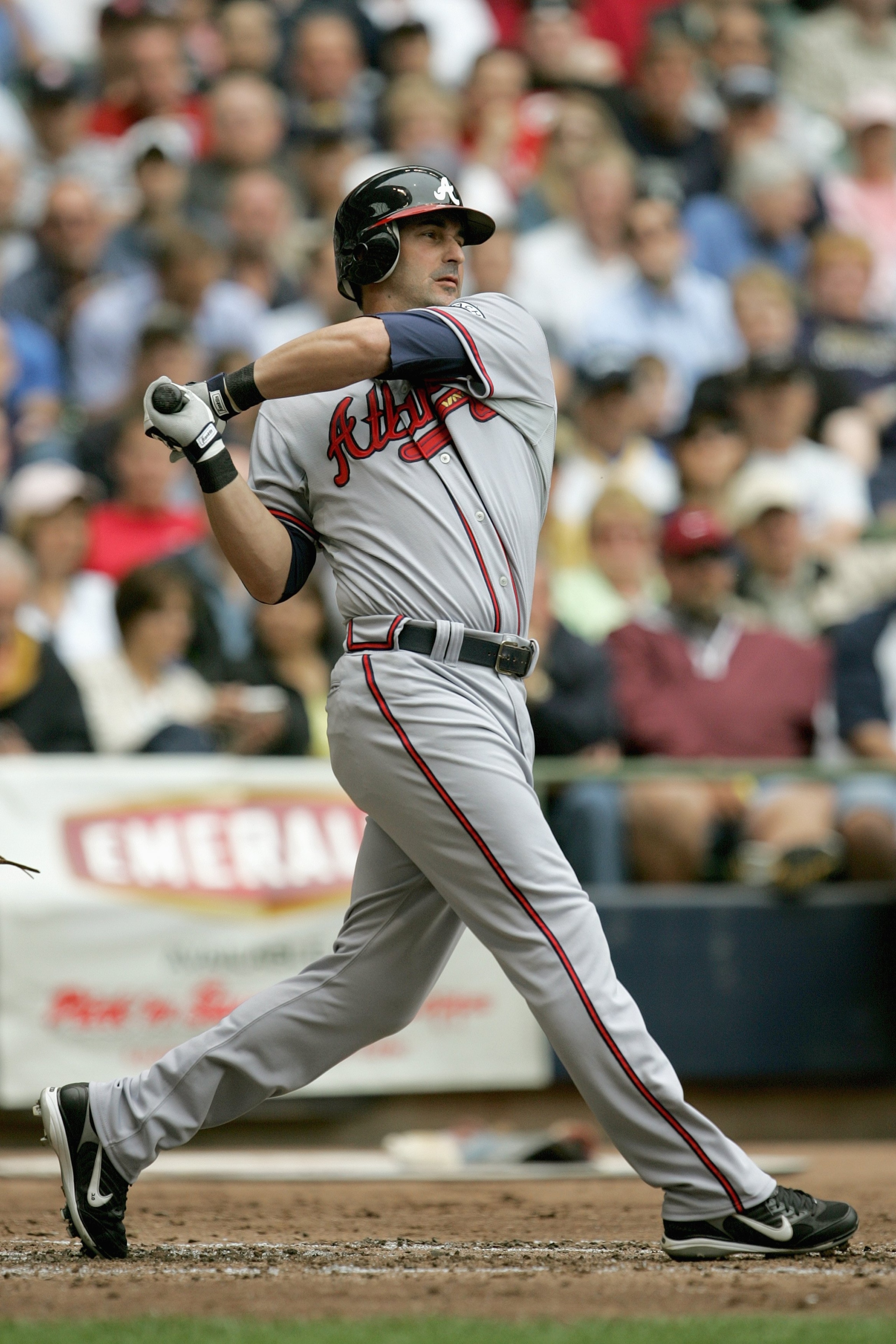 MILWAUKEE - MAY 29: Greg Norton #20 of the Atlanta Braves swings at a pitch during the game against the Milwaukee Brewers on May 29, 2008 at Miller Park in Milwaukee, Wisconsin. The Braves defeated the Brewers 8-1. (Photo by Jonathan Daniel/Getty Images)