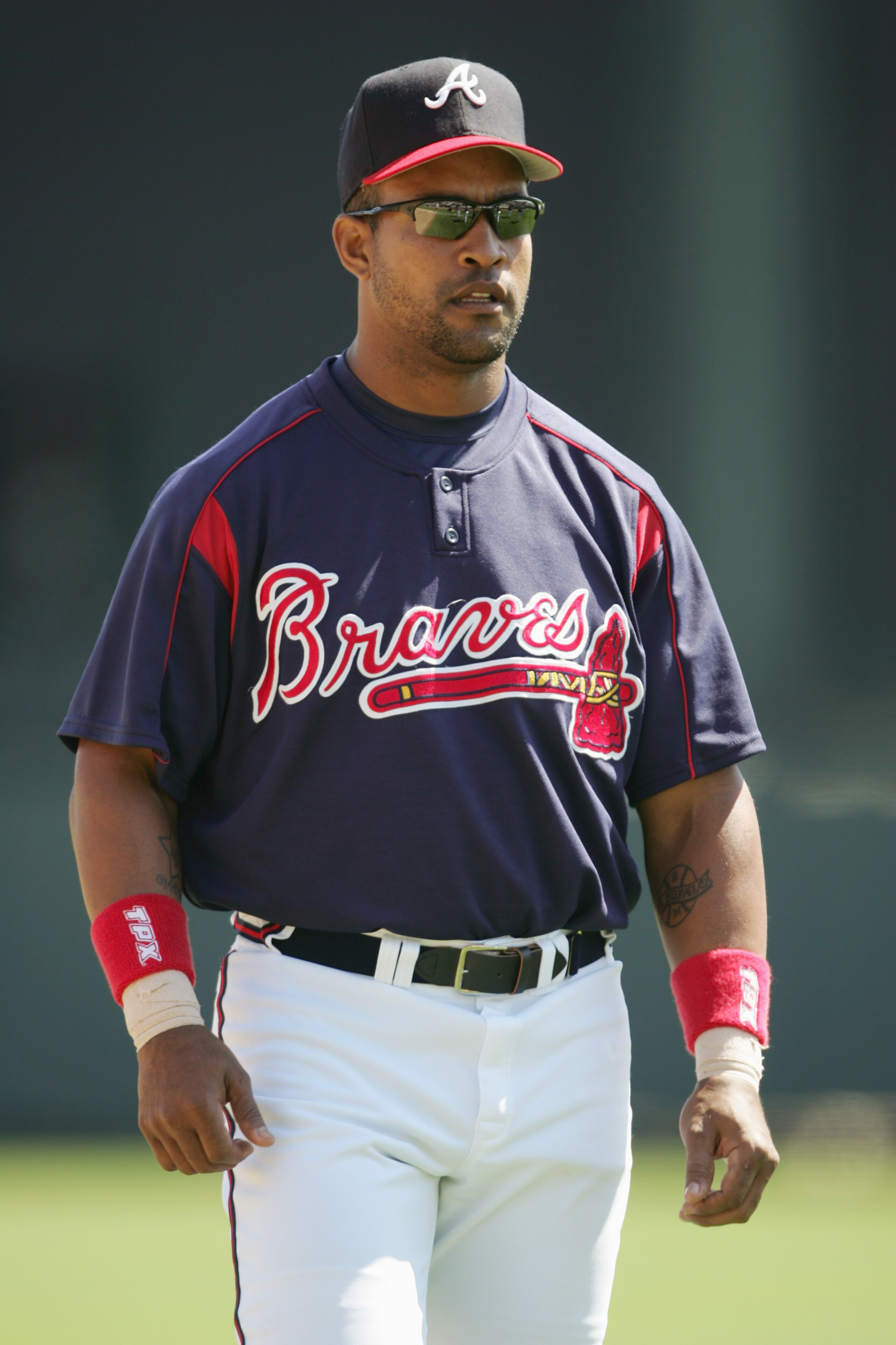 KISSIMMEE, FL - MARCH 4:  Outfielder Raul Mondesi #43 of the Los Angeles Dodgers looks on against the Atlanta Braves during MLB Spring Training action at Cracker Jack Stadium on March 4, 2005 in Kissimmee, Florida. The Braves defeated the Dodgers 3-2. (Ph