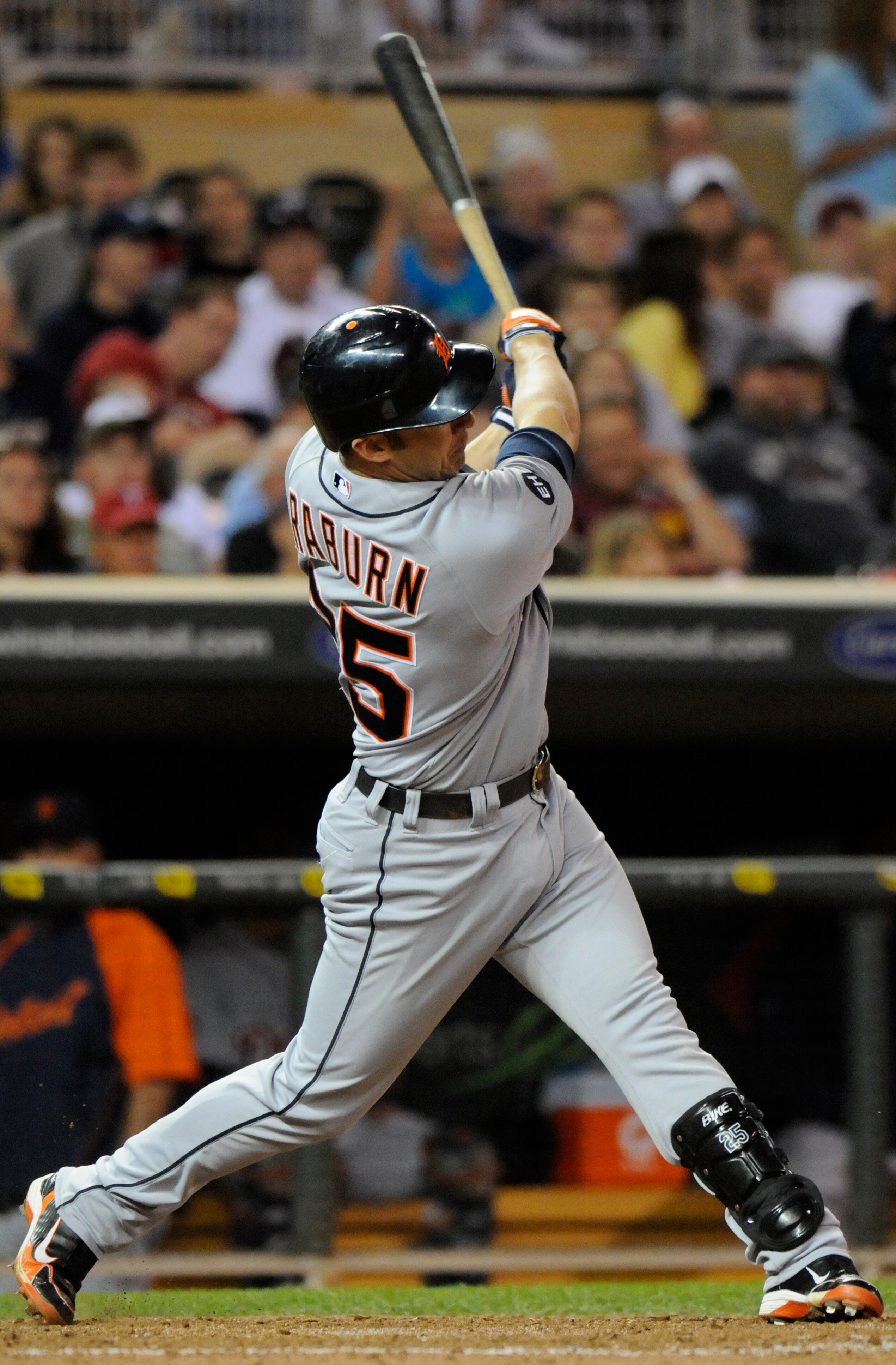 MINNEAPOLIS, MN - JUNE 28: Ryan Raburn #25 of the Detroit Tigers bats in the ninth inning against the Minnesota Twins during their game on June 28, 2010 at Target Field in Minneapolis, Minnesota. Tigers defeated the Twins 7-5. (Photo by Hannah Foslien /Ge