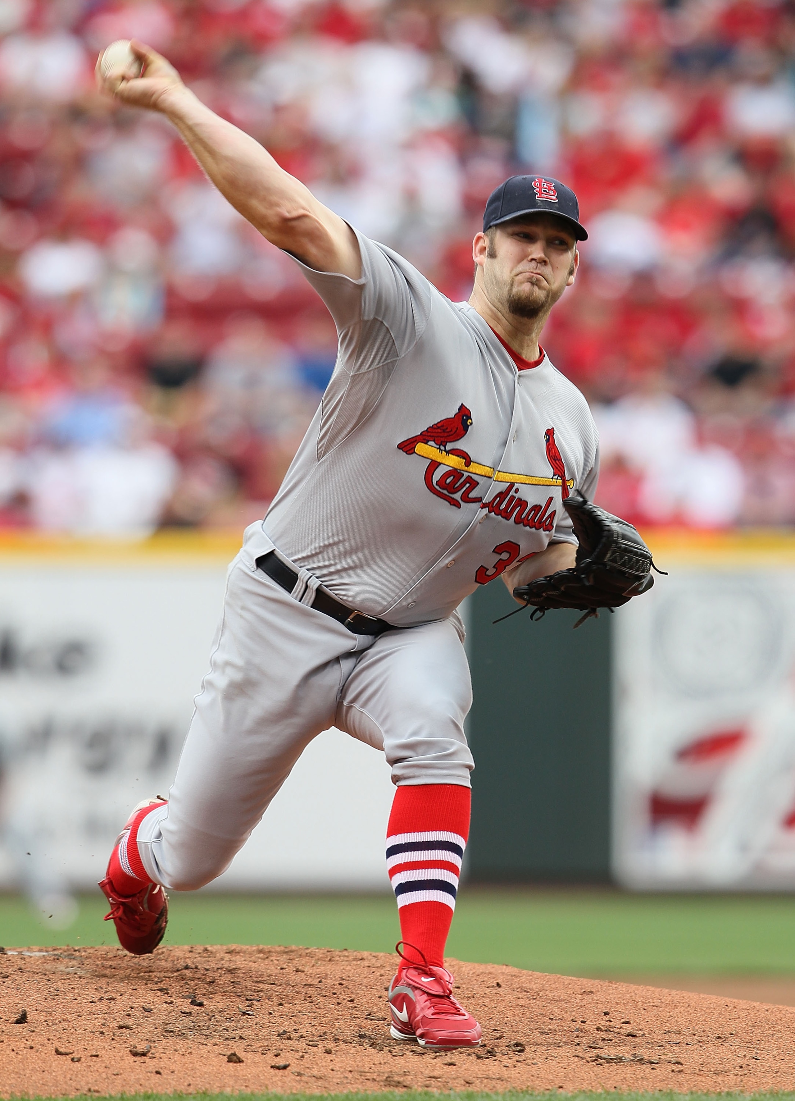 CINCINNATI - MAY 16:  Brad Penny #33 of the St. Louis Cardinals throws a pitch during the game against the Cincinnati Reds at Great American Ball Park on May 16, 2010 in Cincinnati, Ohio.  (Photo by Andy Lyons/Getty Images)