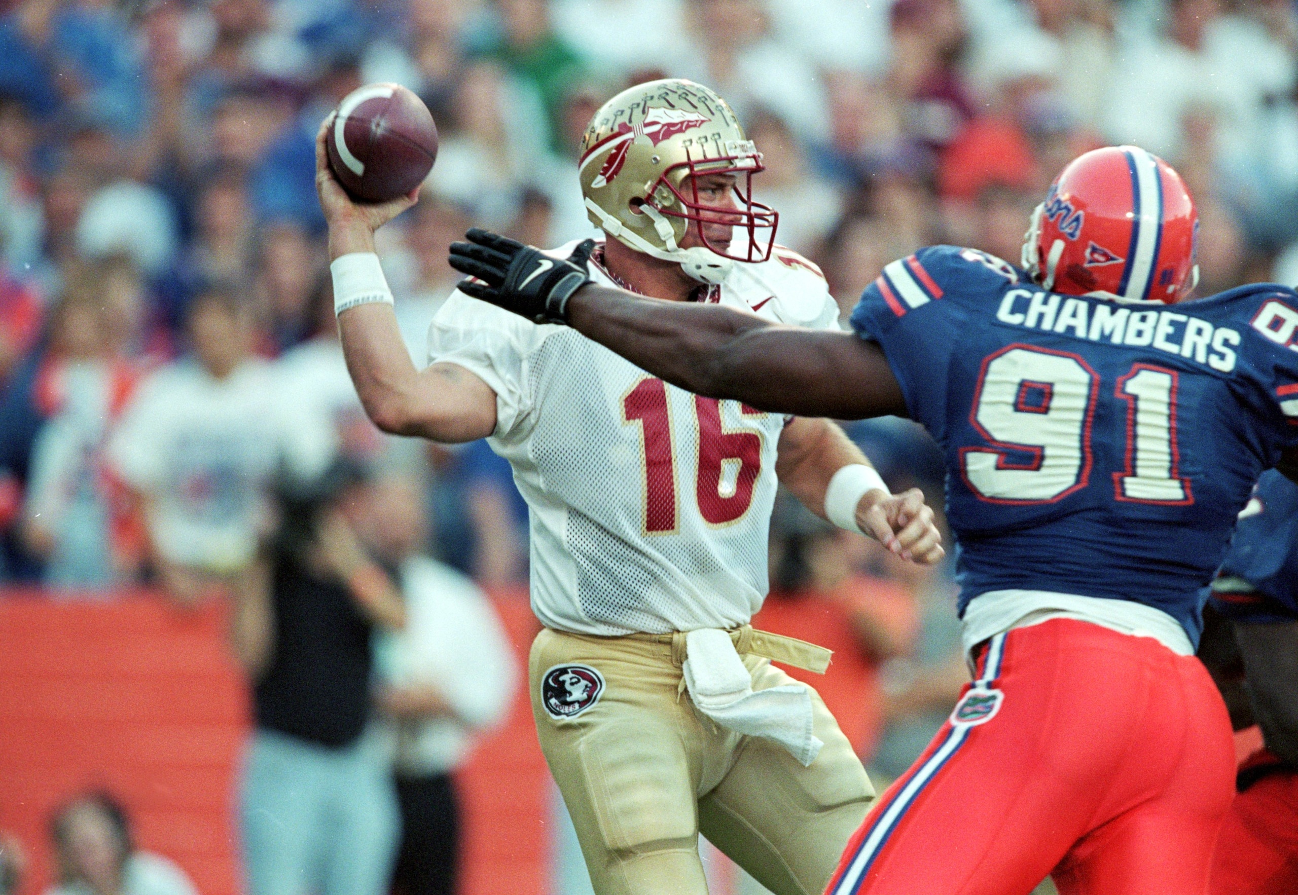 20 Nov 1999:  Chris Weinke #16 of the Florida State Seminoles gets ready to pass the ball during the game against the Florida Gators at the Ben HillGriffin Stadium in Gainsville, Florida. The Seminoles defeated the Gators 23-30. Mandatory Credit: Andy Lyo