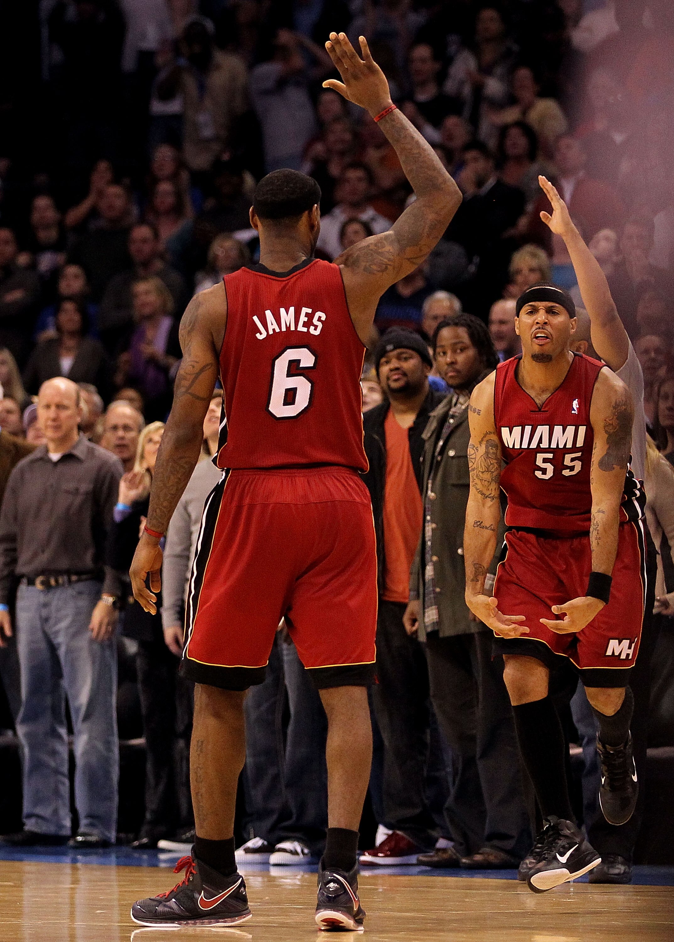 OKLAHOMA CITY, OK - JANUARY 30:  Guard Eddie House #55 of the Miami Heat celebrates after making a three-point shot during a 108-103 win against the Oklahoma City Thunder at Ford Center on January 30, 2011 in Oklahoma City, Oklahoma.  NOTE TO USER: User e