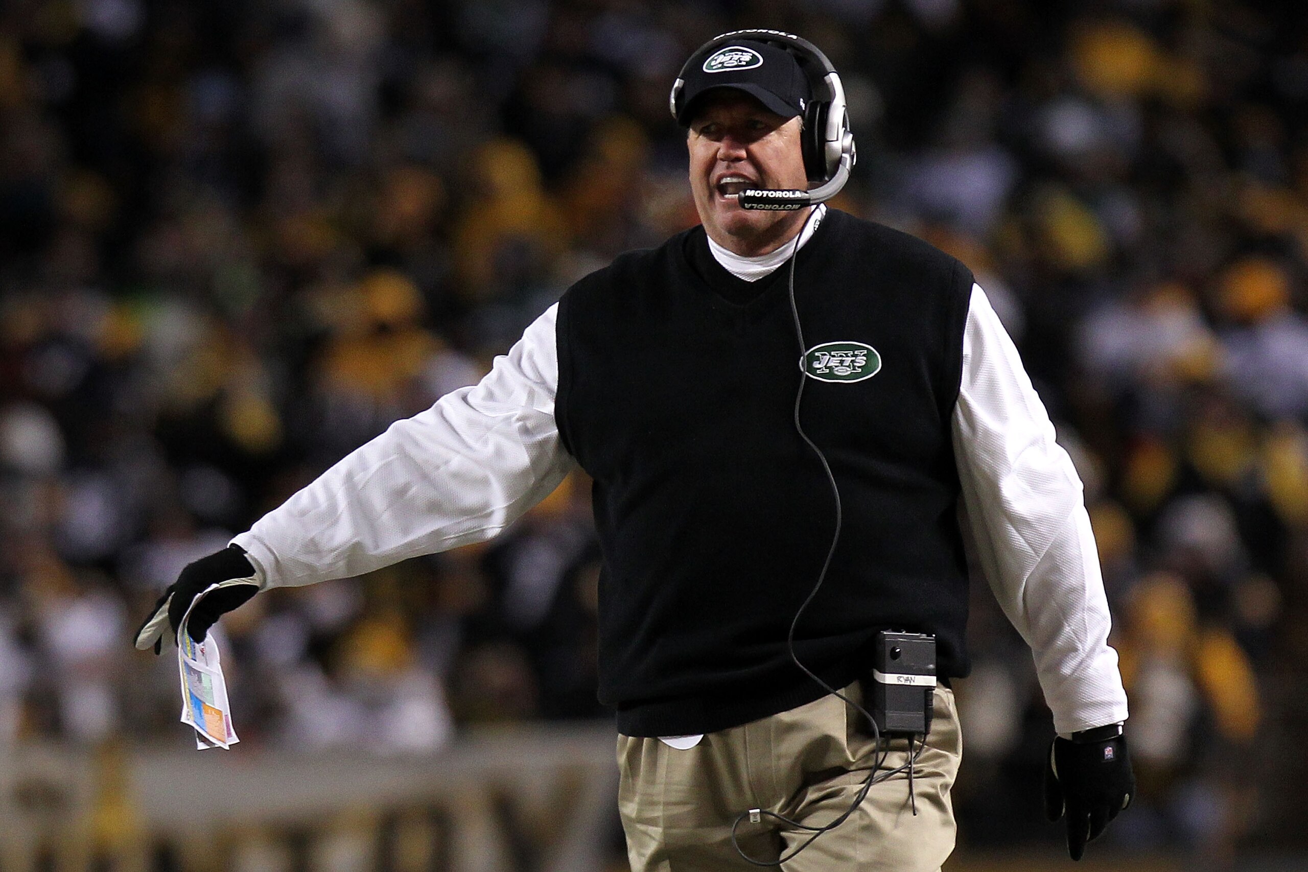 PITTSBURGH, PA - JANUARY 23:  Head coach Rex Ryan of the New York Jets reacts during their 2011 AFC Championship game against the Pittsburgh Steelers at Heinz Field on January 23, 2011 in Pittsburgh, Pennsylvania.  (Photo by Nick Laham/Getty Images)