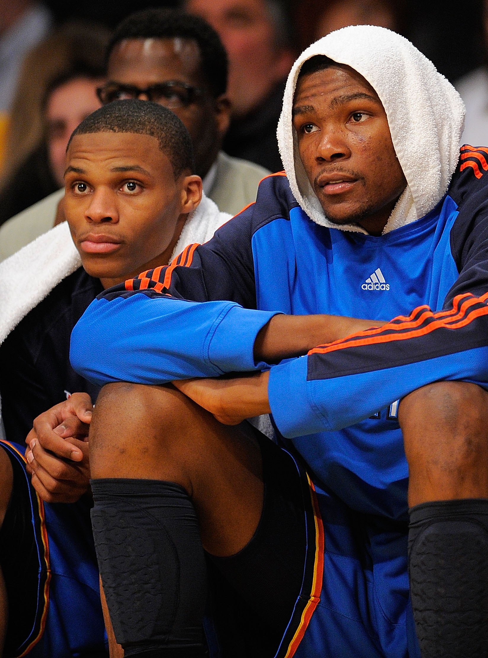 LOS ANGELES, CA - APRIL 27:  (L-R) Russell Westbrook #0 and Kevin Durant #35 of the Oklahoma City Thunder sit on the bench late in the fourth quarter while taking on the Los Angeles Lakers during Game Five of the Western Conference Quarterfinals of the 20