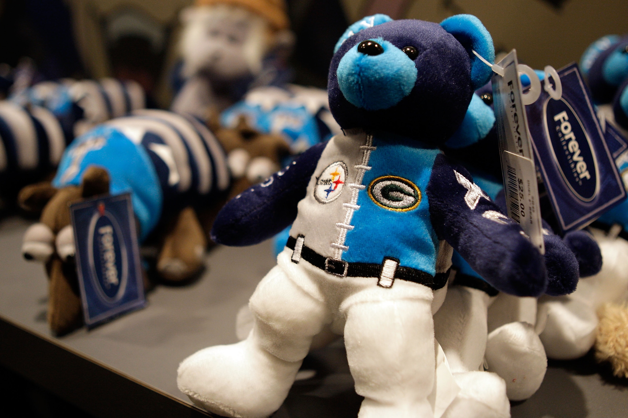 ARLINGTON, TX - FEBRUARY 06: Stuffed animals with the Super Bowl XLV logo are displayed inside the Pro Shop at Cowboys Stadium before Super Bowl XLV on February 6, 2011 in Arlington, Texas. (Photo by Jamie Squire/Getty Images) ARLINGTON, TX - FEBRUARY 06: Stuffed animals with the Super Bowl XLV logo are displayed inside the Pro Shop at Cowboys Stadium before Super Bowl XLV on February 6, 2011 in Arlington, Texas. (Photo by Jamie Squire/Getty Images)