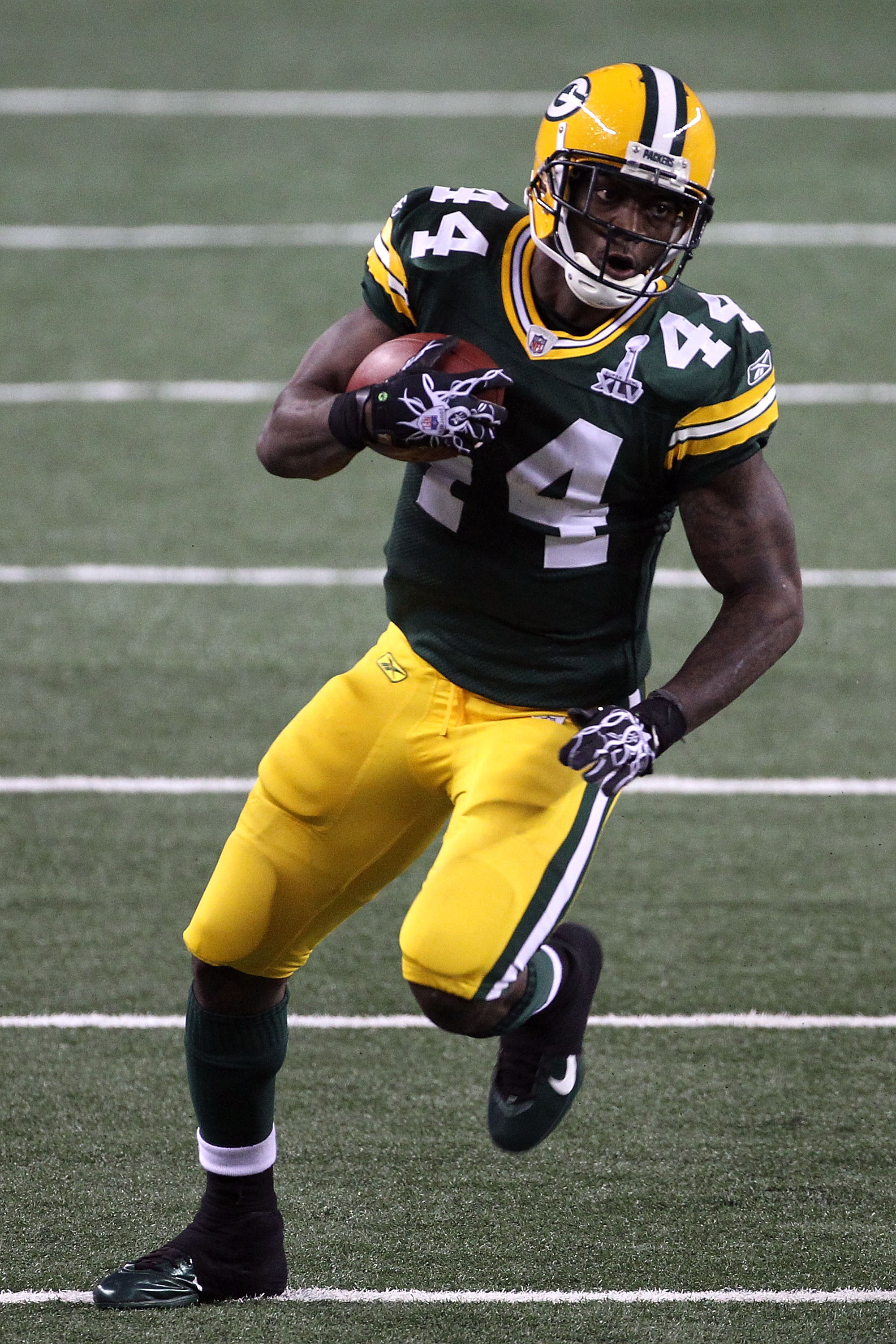 ARLINGTON, TX - FEBRUARY 06: James Starks #44 of the Green Bay Packers runs the ball against the Pittsburgh Steelers during Super Bowl XLV at Cowboys Stadium on February 6, 2011 in Arlington, Texas.  (Photo by Streeter Lecka/Getty Images)