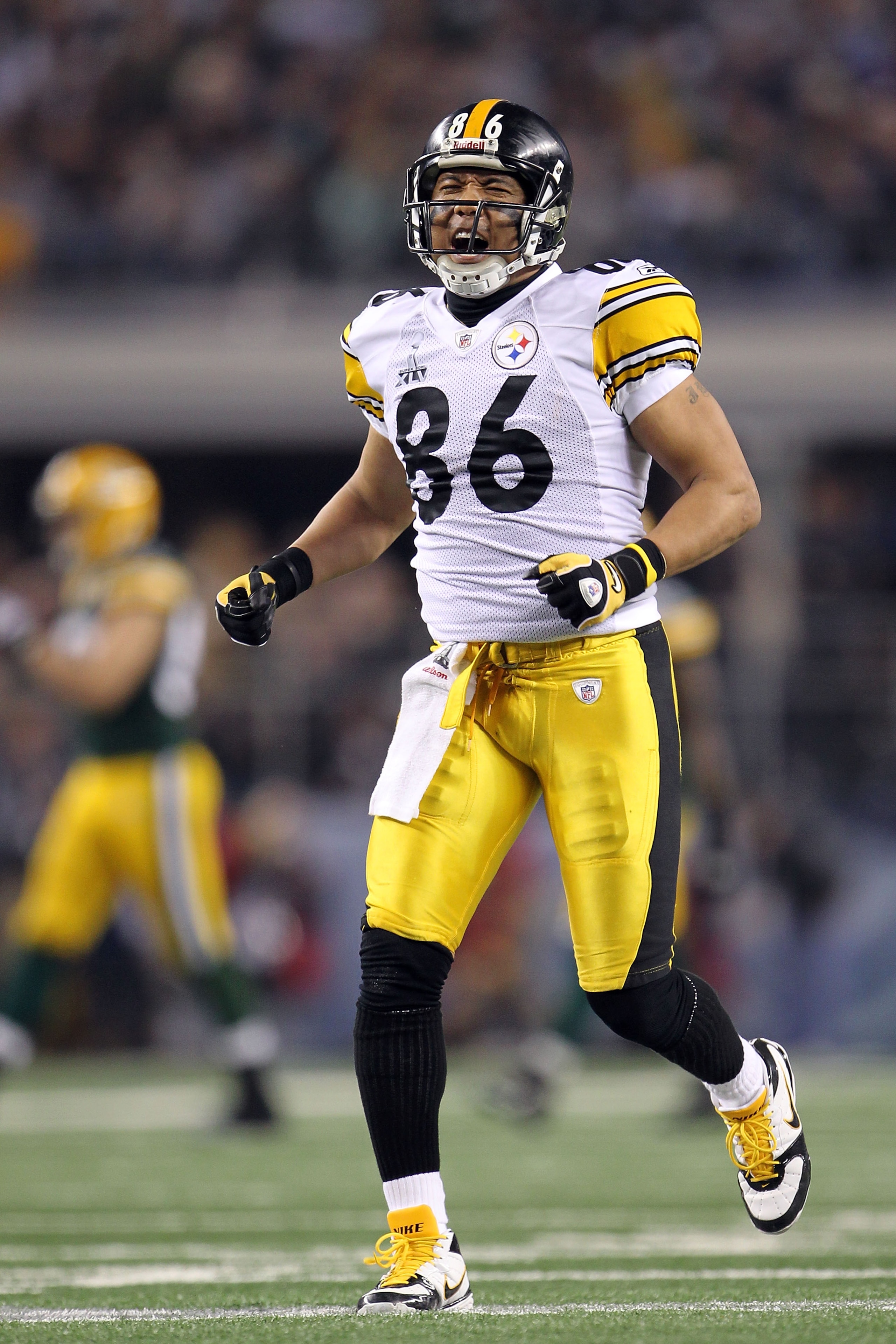 ARLINGTON, TX - FEBRUARY 06:  Hines Ward #86 of the Pittsburgh Steelers reacts after a play in the second half against the Green Bay Packers during Super Bowl XLV at Cowboys Stadium on February 6, 2011 in Arlington, Texas.  (Photo by Jamie Squire/Getty Im