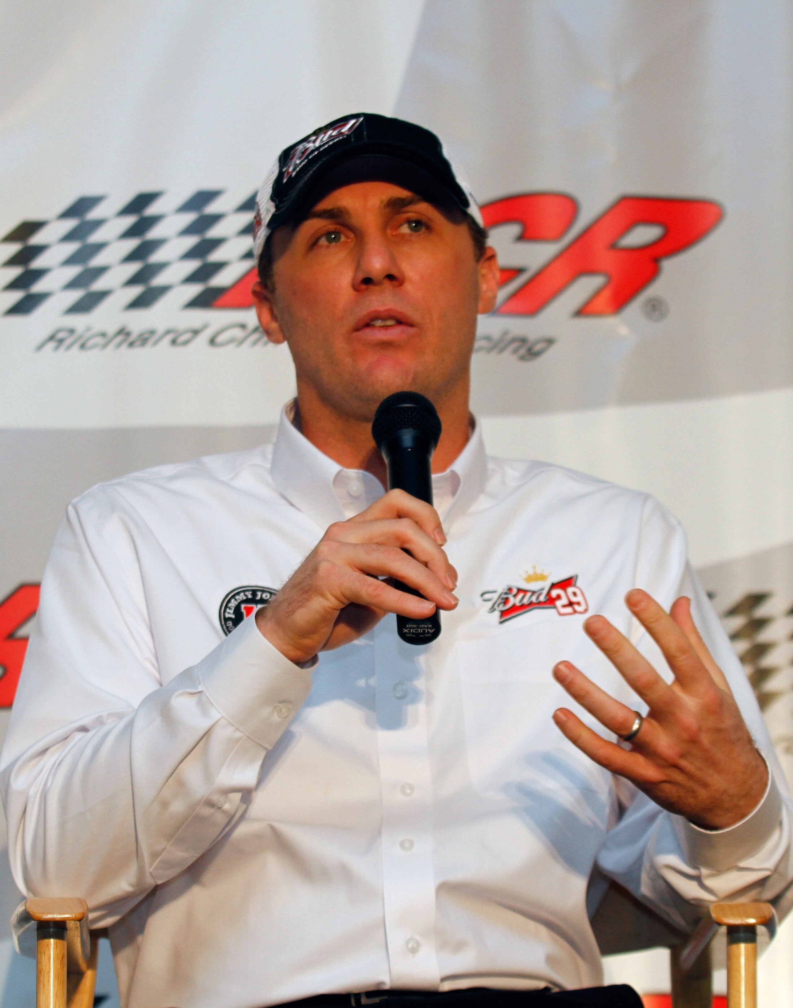 WELCOME, NC - JANUARY 25: Kevin Harvick, driver of the #29 Budweiser Chevrolet, speaks to the media during the NASCAR Sprint Media Tour hosted by Charlotte Motor Speedway, held at Richard Childress Racing on January 25, 2011 in Welcome, North Carolina. (P