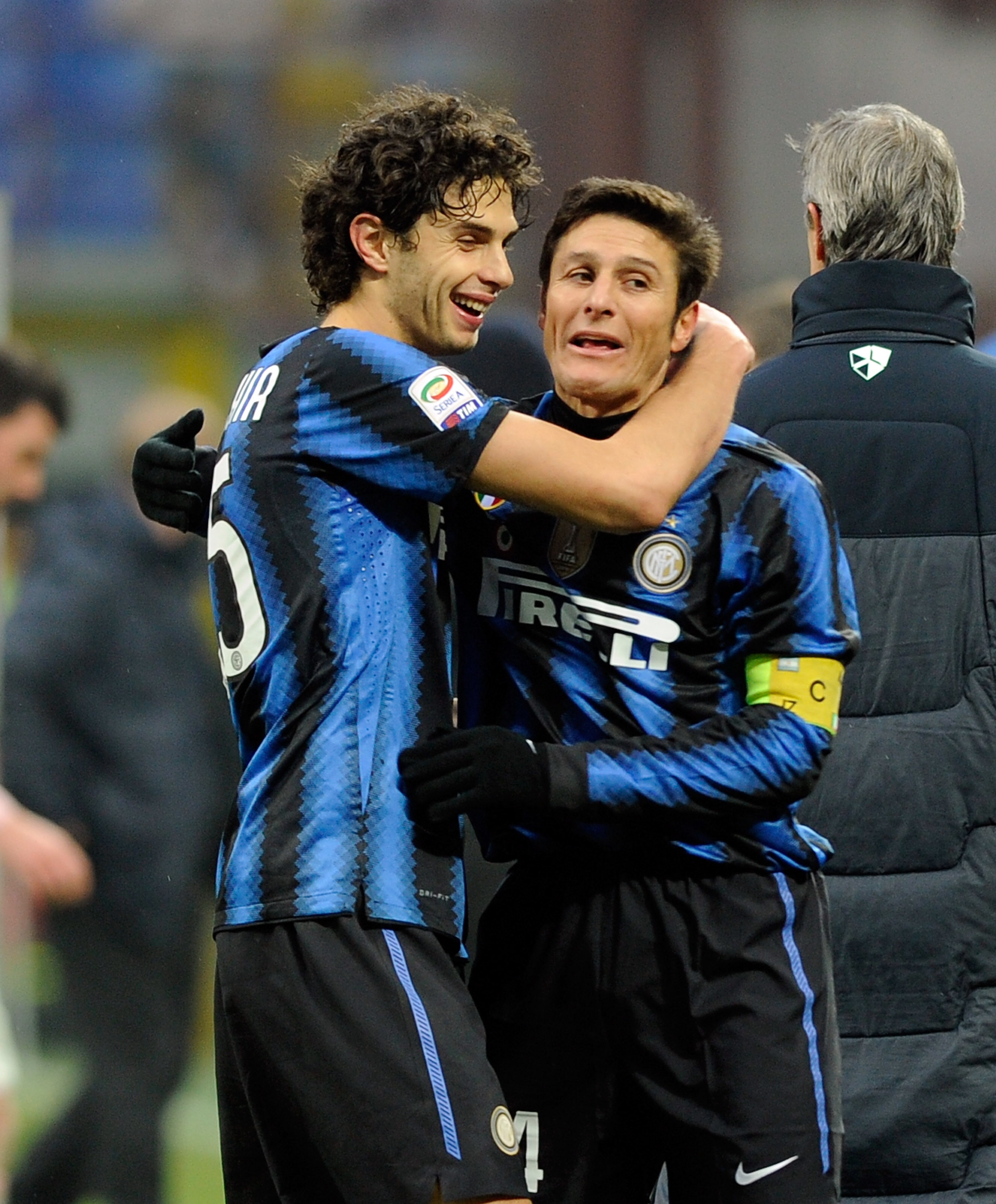 MILAN, ITALY - JANUARY 30:  Celebrates of Javier Zanetti and Andrea Ranocchia of FC Internazionale Milano during the Serie A match between FC Internazionale Milano and US Citta di Palermo at Stadio Giuseppe Meazza on January 30, 2011 in Milan, Italy.  (Ph