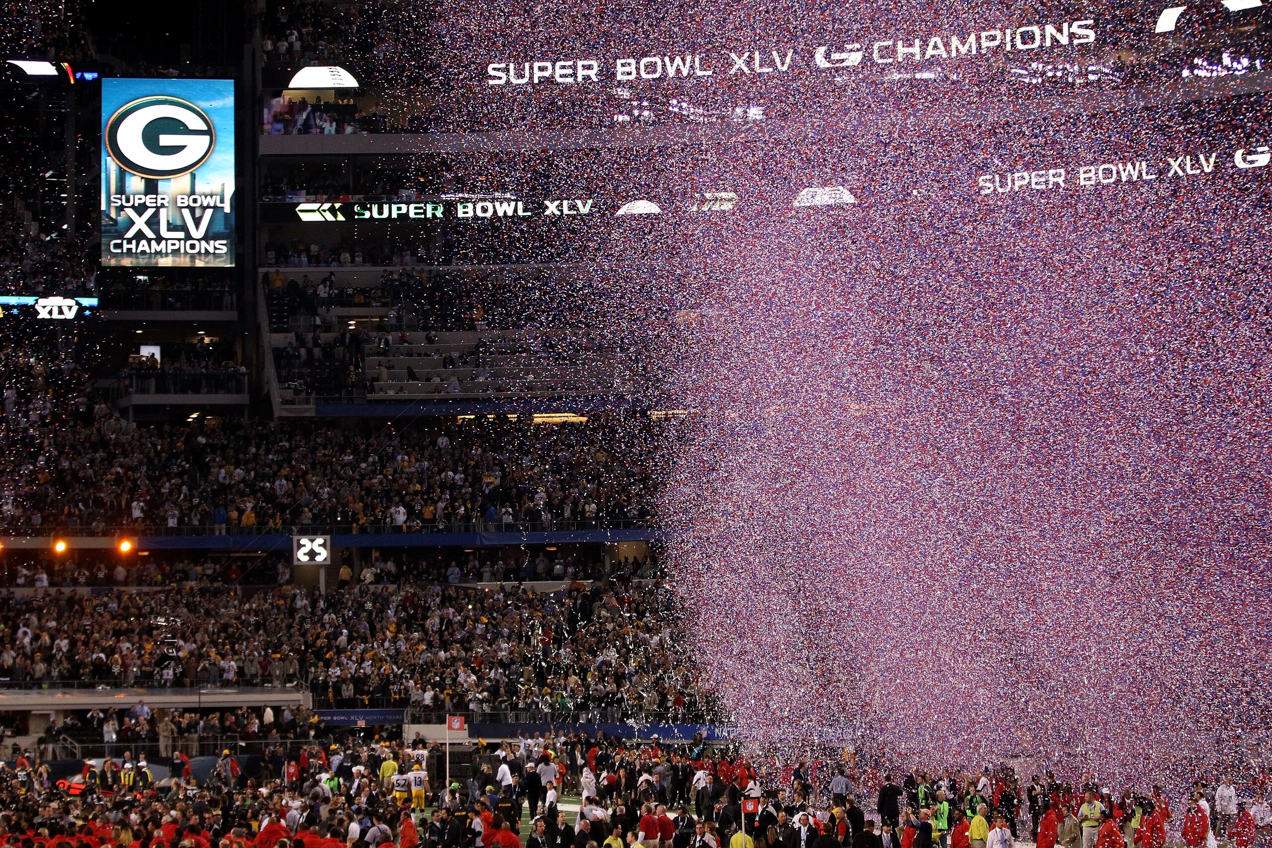 ARLINGTON, TX - FEBRUARY 06: Confetti falls after the Green Bay Packers win Super Bowl XLV against the Pittsburgh Steelers at Cowboys Stadium on February 6, 2011 in Arlington, Texas.  (Photo by Streeter Lecka/Getty Images)