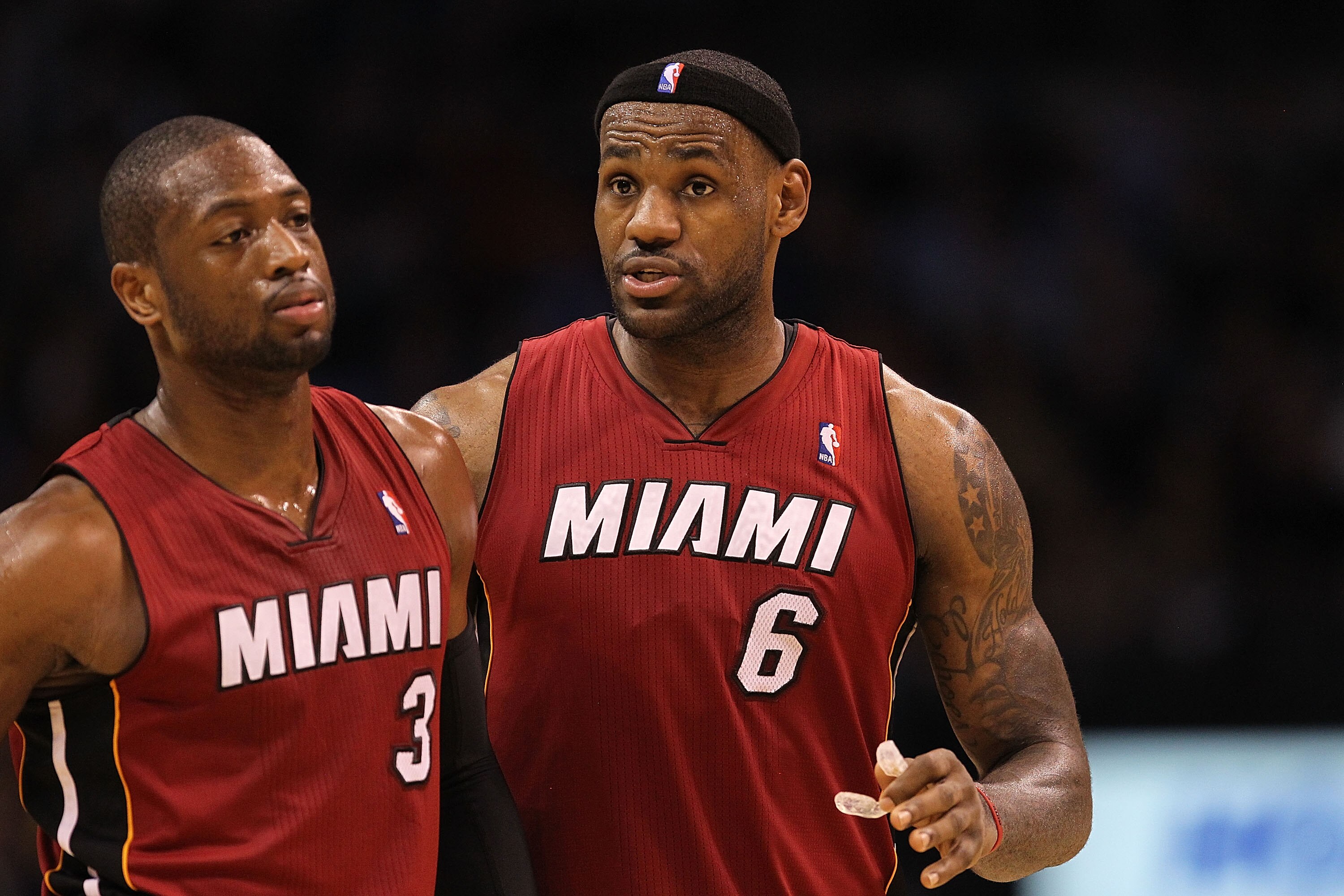 OKLAHOMA CITY, OK - JANUARY 30:  Forward LeBron James #6 and Dwyane Wade #3 of the Miami Heat during play against the Oklahoma City Thunder at Ford Center on January 30, 2011 in Oklahoma City, Oklahoma.  NOTE TO USER: User expressly acknowledges and agree