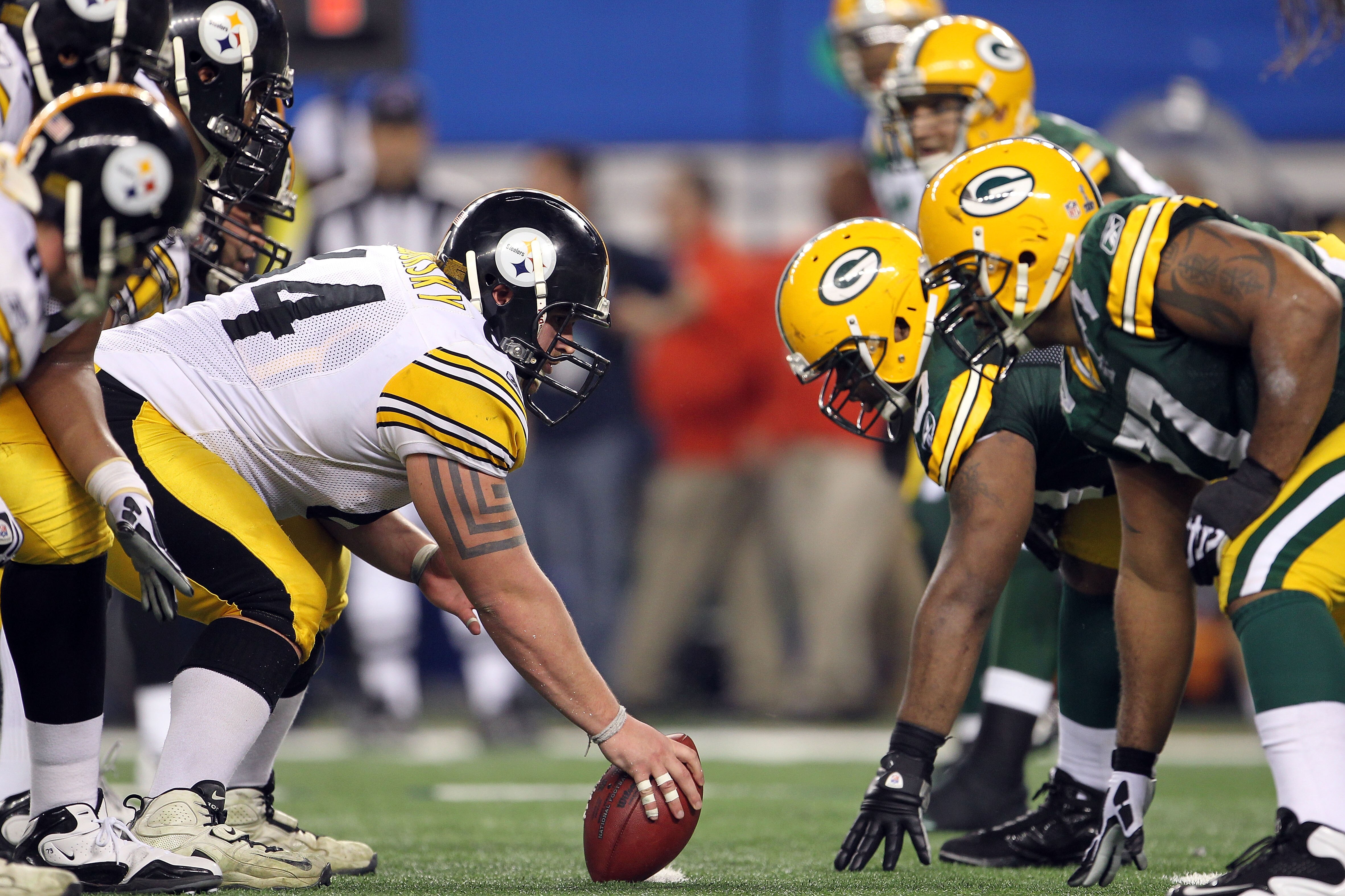 ARLINGTON, TX - FEBRUARY 06: Doug Legursky #64 of the Pittsburgh Steelers prepares to snap the ball in the first half against the Green Bay Packers during Super Bowl XLV at Cowboys Stadium on February 6, 2011 in Arlington, Texas.  (Photo by Jamie Squire/G