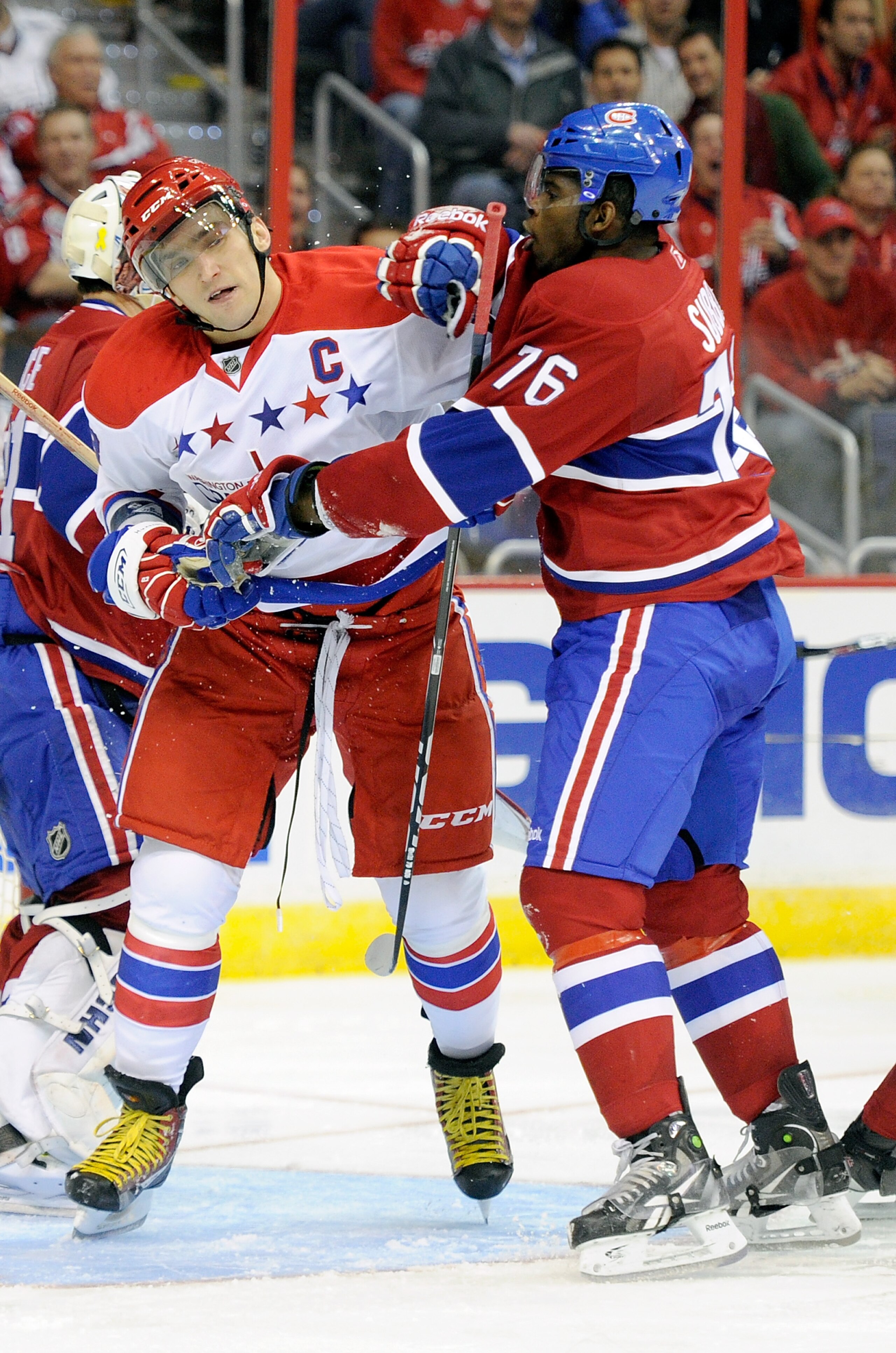 WASHINGTON, DC - FEBRUARY 01:  P.K. Subban #76 of the Montreal Canadiens is called for a roughing penalty against Alex Ovechkin #8 of the Washington Capitals at the Verizon Center on February 1, 2011 in Washington, DC.  (Photo by Greg Fiume/Getty Images)