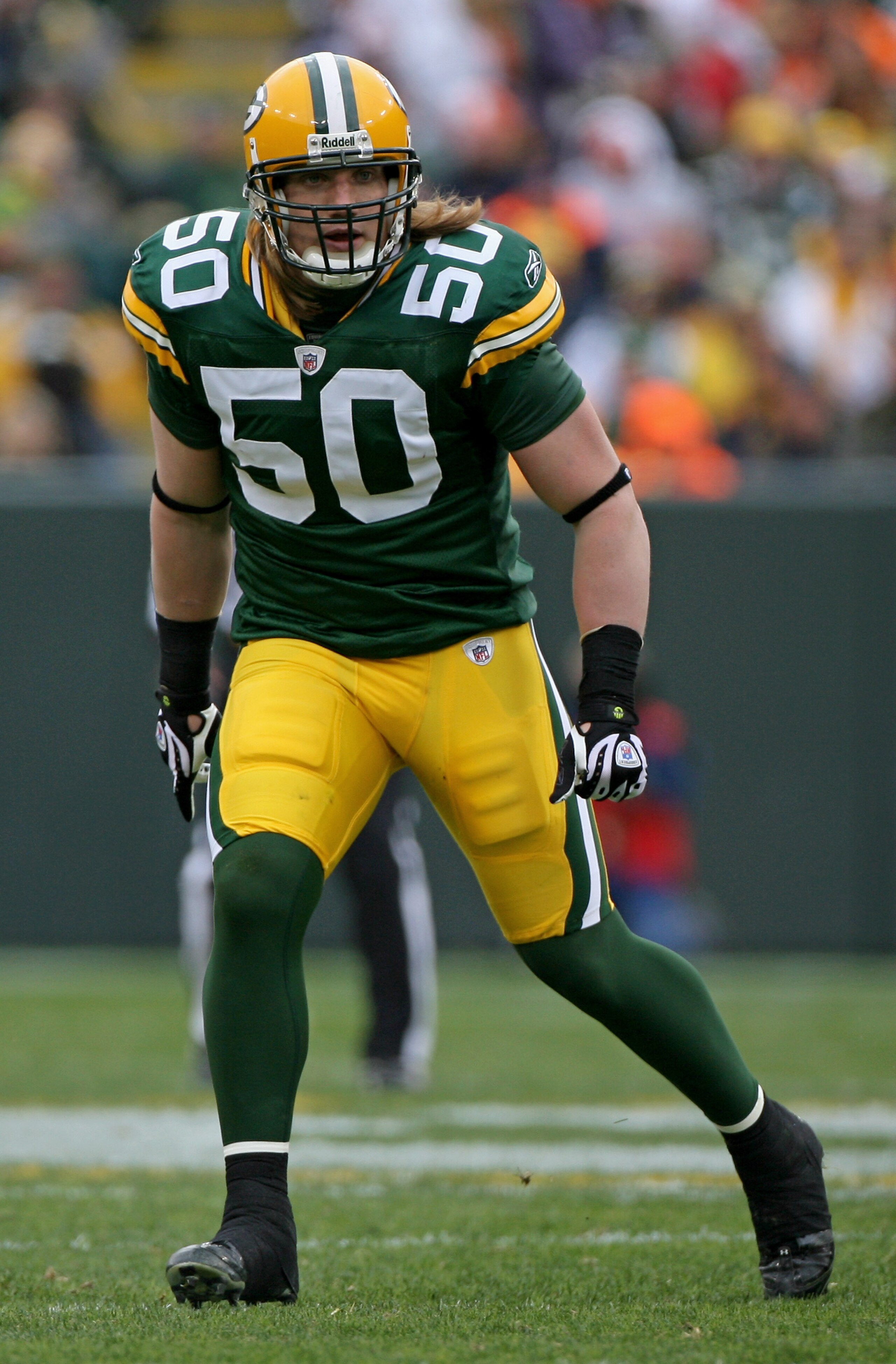 GREEN BAY, WI - NOVEMBER 16:  Linebacker A.J. Hawk #50 of the Green Bay Packers lead his team with in defense with six tackles and one assists against the Chicago Bears during NFL action at Lambeau Field on November 16, 2008 in Green Bay, Wisconsin. The P