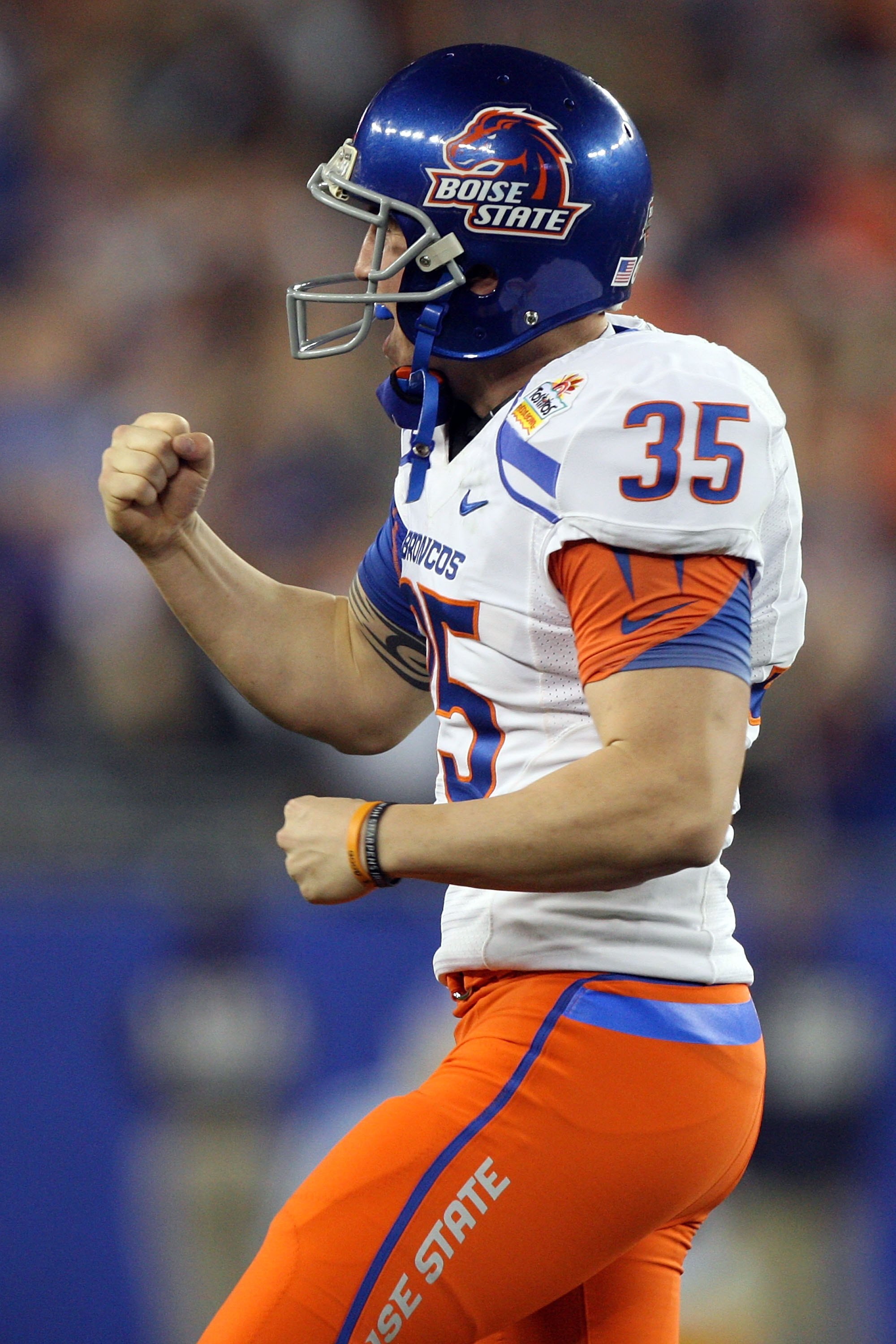 GLENDALE, AZ - JANUARY 04:  Kicker Kyle Brotzman #35 of the Boise State Broncos reacts after he passes the ball on a fake punt for 29-yards in the fourth quarter against the TCU Horned Frogs during the Tostitos Fiesta Bowl at the Universtity of Phoenix St