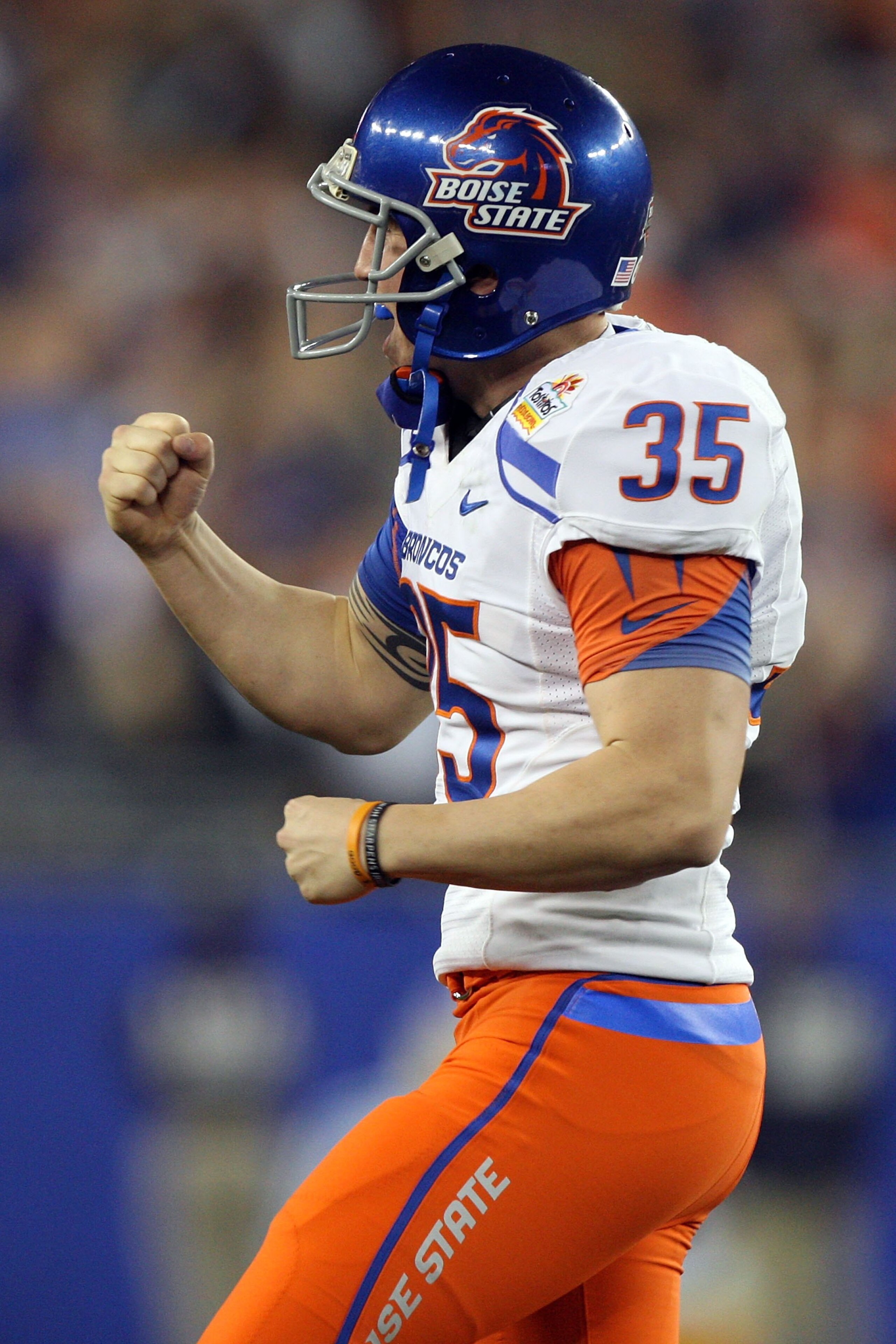 GLENDALE, AZ - JANUARY 04:  Kicker Kyle Brotzman #35 of the Boise State Broncos reacts after he passes the ball on a fake punt for 29-yards in the fourth quarter against the TCU Horned Frogs during the Tostitos Fiesta Bowl at the Universtity of Phoenix St