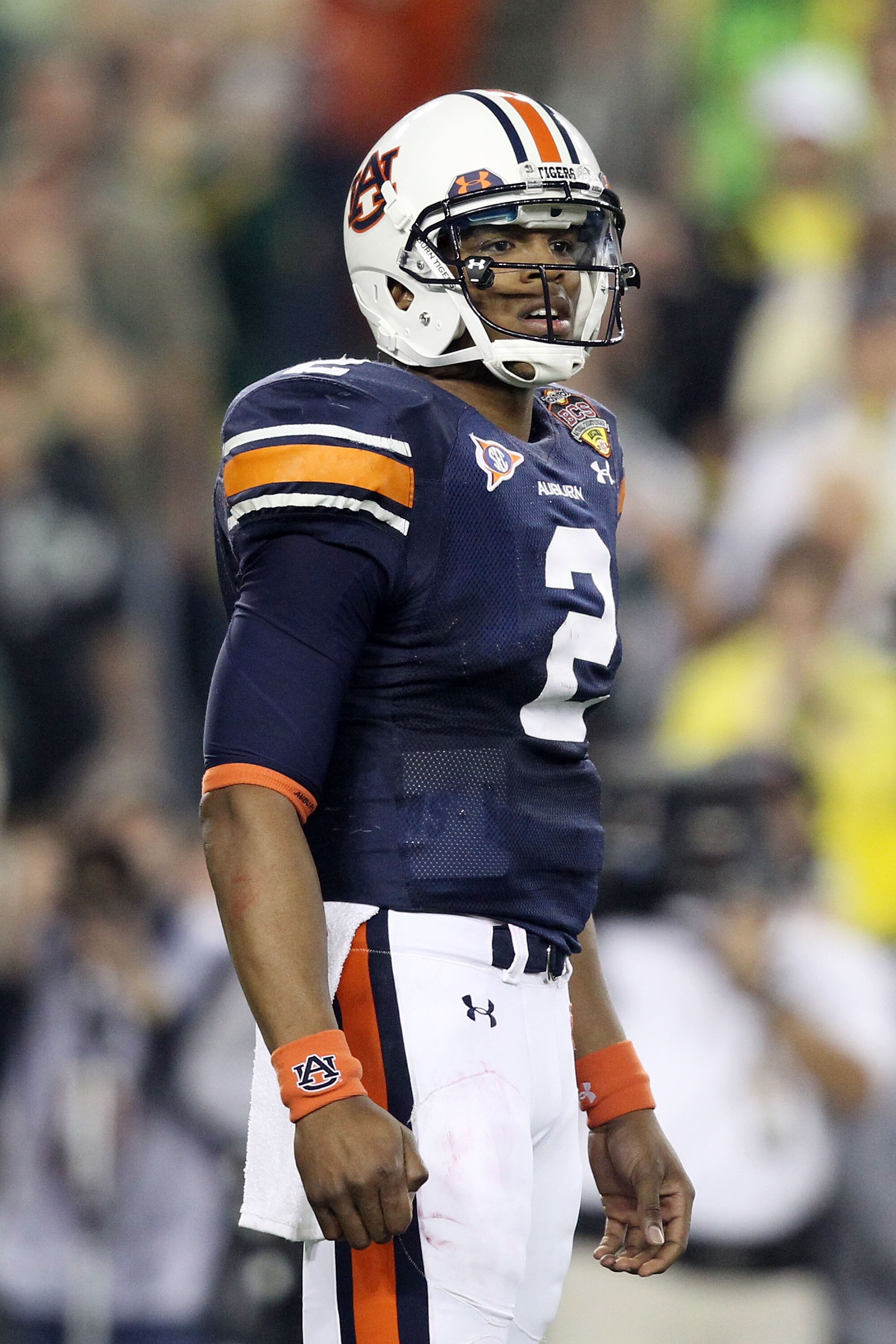 GLENDALE, AZ - JANUARY 10:  Cameron Newton #2 of the Auburn Tigers reacts during their game against the Oregon Ducks during the Tostitos BCS National Championship Game at University of Phoenix Stadium on January 10, 2011 in Glendale, Arizona.  (Photo by C