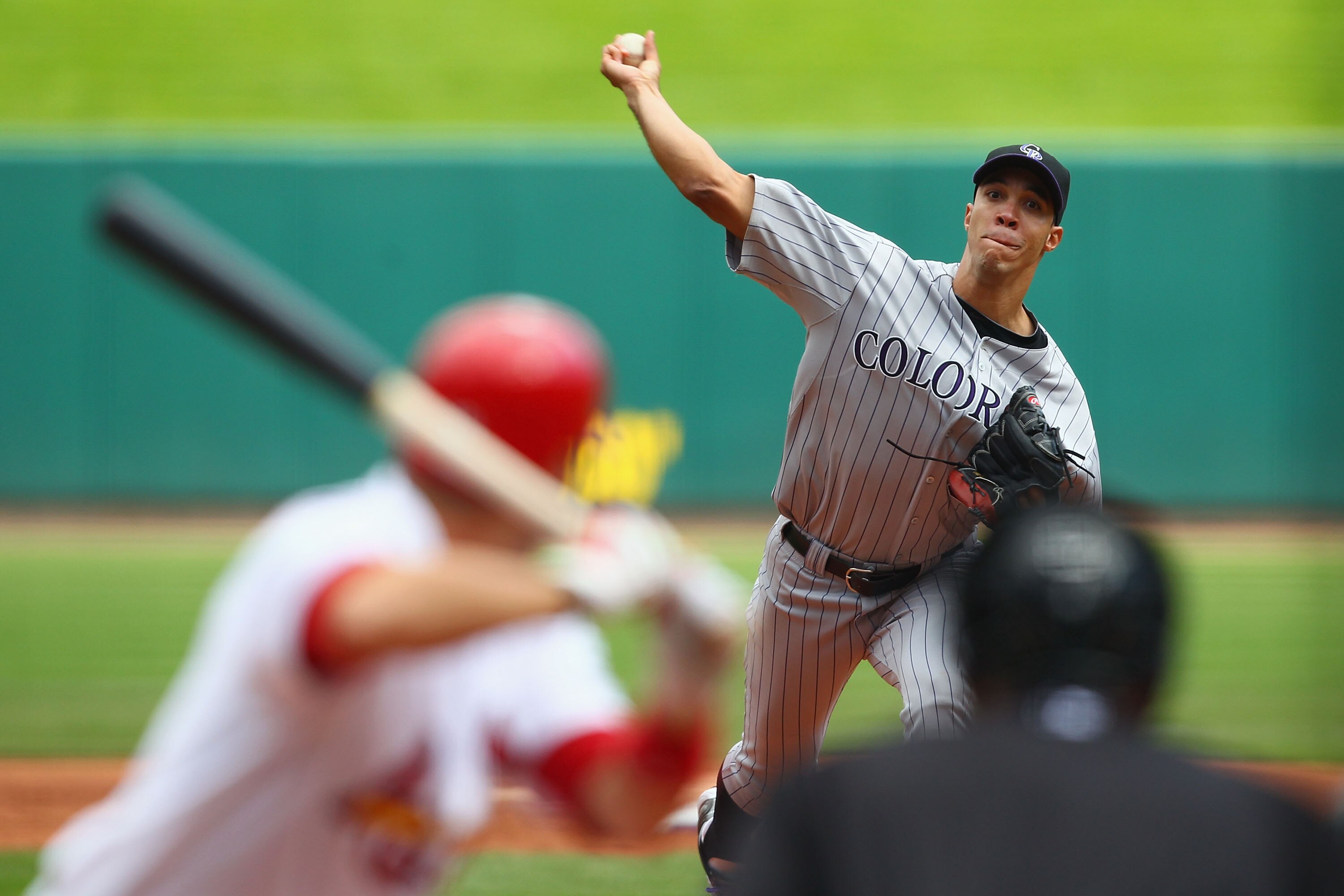 ST. LOUIS - OCTOBER 2: Starter Ubaldo Jimenez #38 of the Colorado Rockies pitches against the St. Louis Cardinals at Busch Stadium on October 2, 2010 in St. Louis, Missouri.  The Cardinals beat the Rockies 1-0 in 11 innings.  (Photo by Dilip Vishwanat/Get