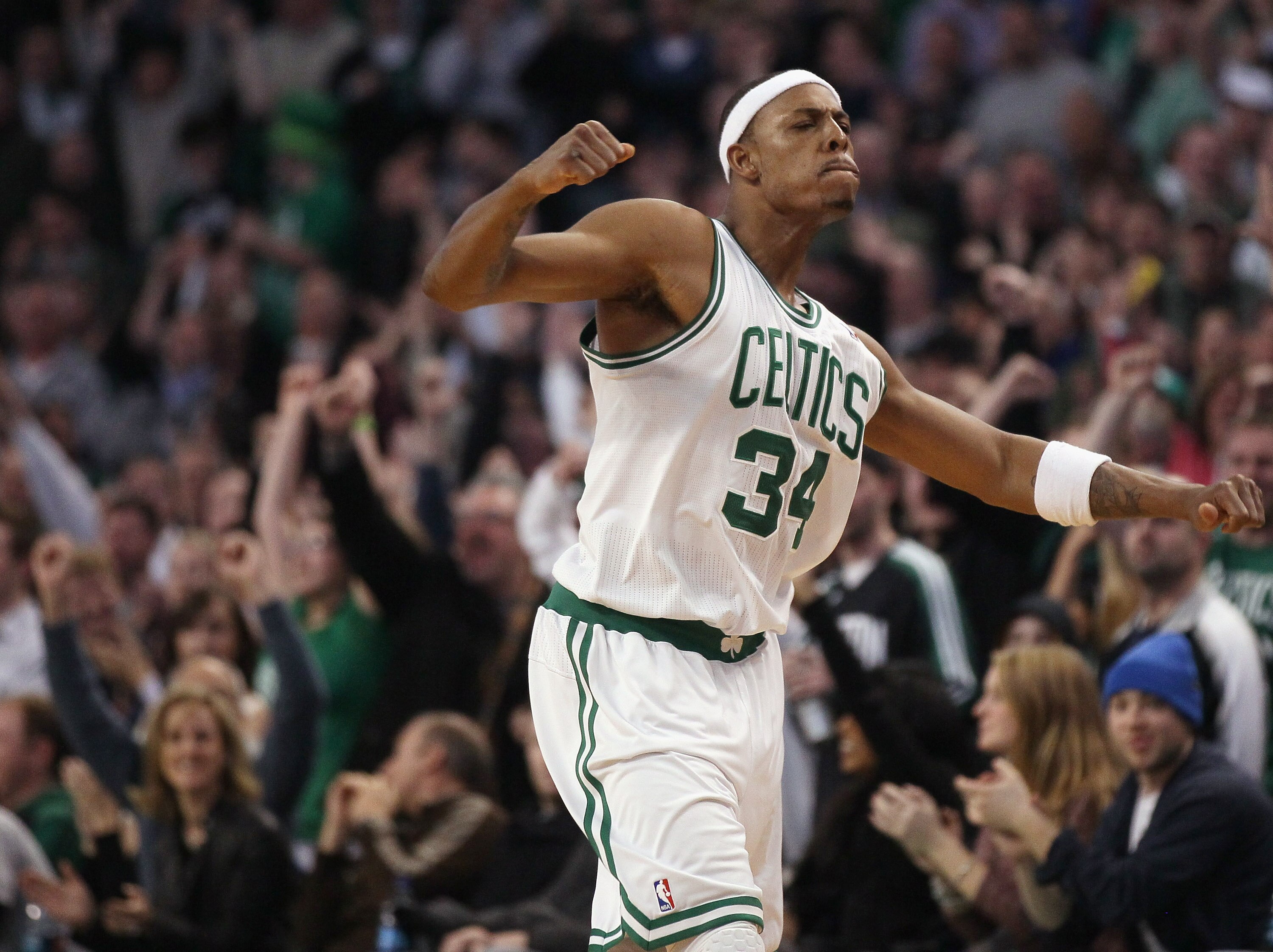 BOSTON, MA - JANUARY 17:  Paul Pierce #34 of the Boston Celtics celebrates after he drew the foul in the final minute of the game against the Orlando Magic on January 17, 2011 at the TD Garden in Boston, Massachusetts. The Celtics defeated the Magic 109-1
