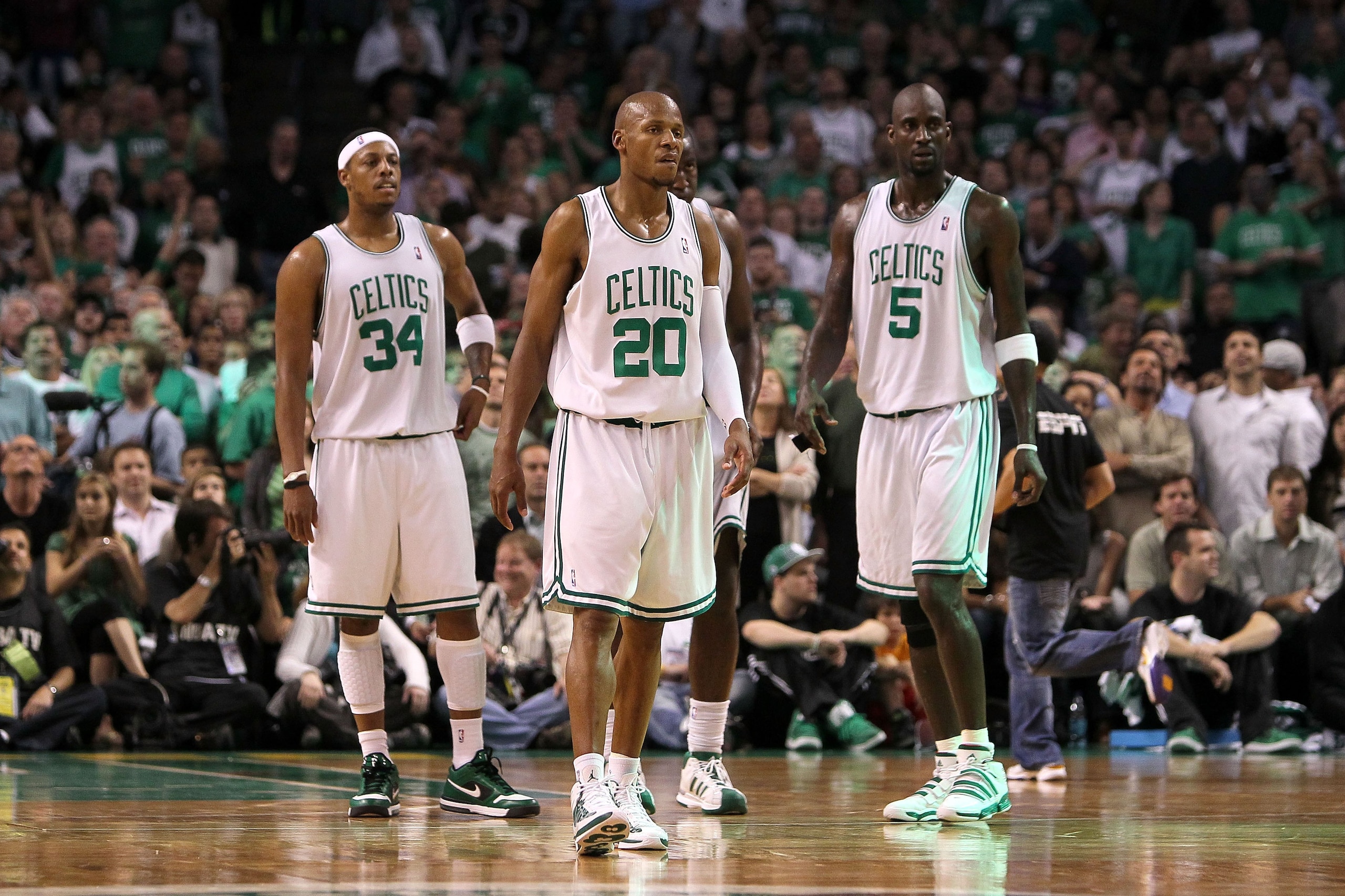 BOSTON - MAY 28: (L-R) Paul PIerce #34, Ray Allen #20 and Kevin Garnett #5 of the Boston Celtics look on against the Orlando Magic in Game Six of the Eastern Conference Finals during the 2010 NBA Playoffs at TD Garden on May 28, 2010 in Boston, Massachus BOSTON - MAY 28: (L-R) Paul PIerce #34, Ray Allen #20 and Kevin Garnett #5 of the Boston Celtics look on against the Orlando Magic in Game Six of the Eastern Conference Finals during the 2010 NBA Playoffs at TD Garden on May 28, 2010 in Boston, Massachus