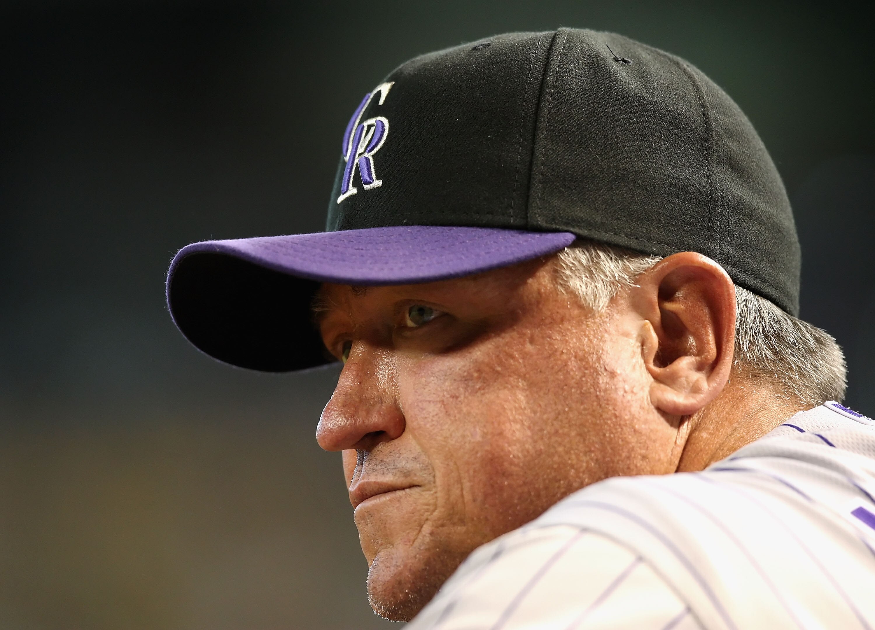PHOENIX - APRIL 22:  Manager Clint Hurdle of the Colorado Rockies looks on during the game against the Arizona Diamondbacks at Chase Field on April 22, 2009 in Phoenix, Arizona. The Diamondbacks defeated the Rockies 2-0.  (Photo by Christian Petersen/Gett