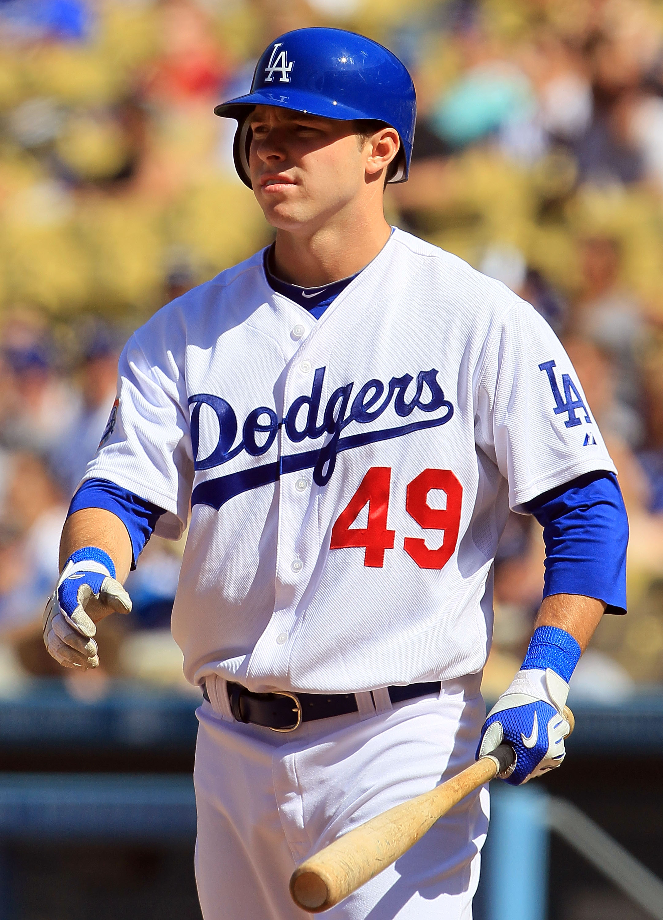 LOS ANGELES, CA - SEPTEMBER 18:  Trent Oeltjen #49 of the Los Angeles Dodgers plays in the game against the Colorado Rockies at Dodger Stadium on September 18, 2010 in Los Angeles, California.  (Photo by Jeff Gross/Getty Images)