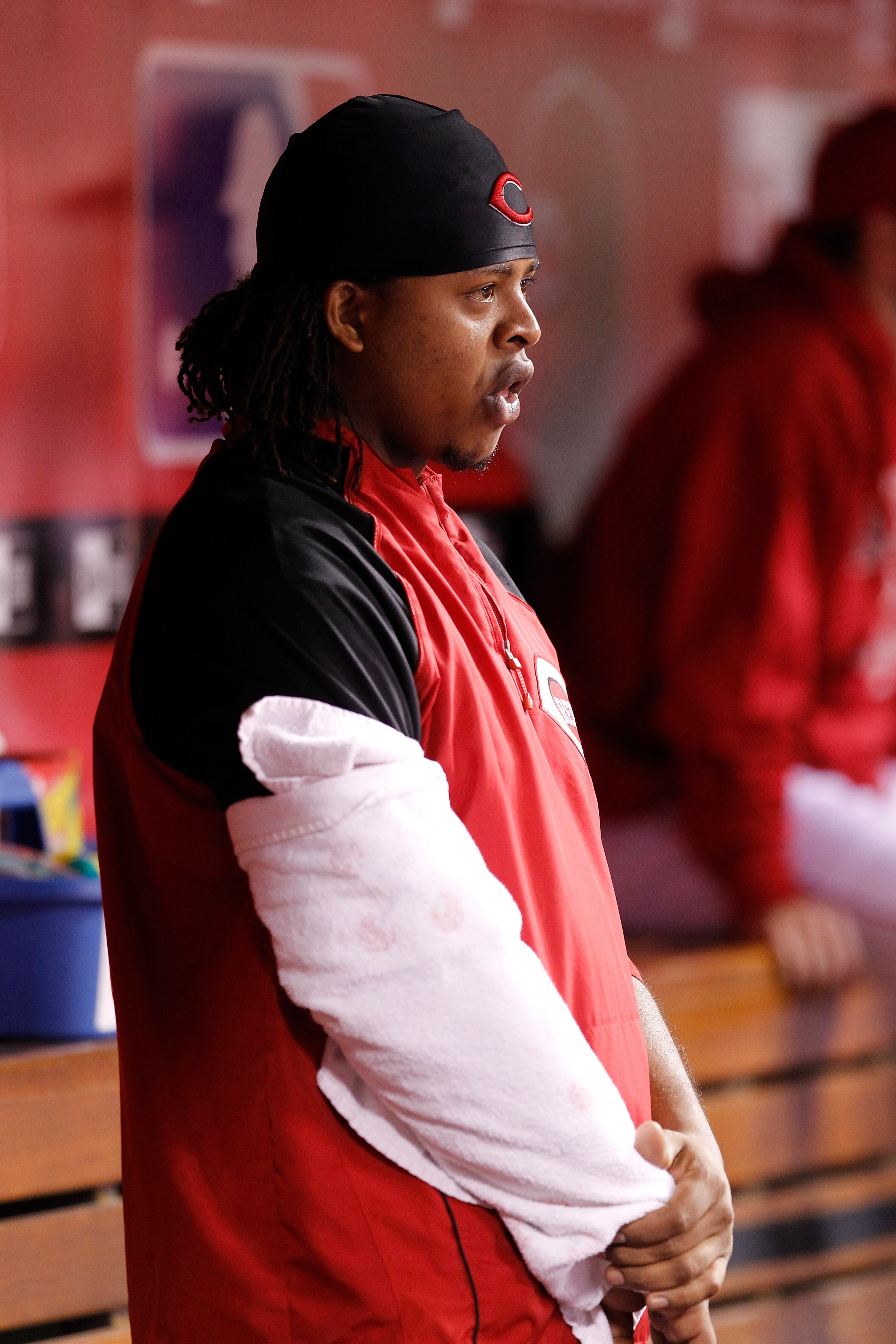 CINCINNATI, OH - SEPTEMBER 28: Edinson Volquez #36 of the Cincinnati Reds looks on against the Houston Astros at Great American Ball Park on September 28, 2010 in Cincinnati, Ohio. The Reds won 3-2 to clinch the NL Central Division title. (Photo by Joe Ro