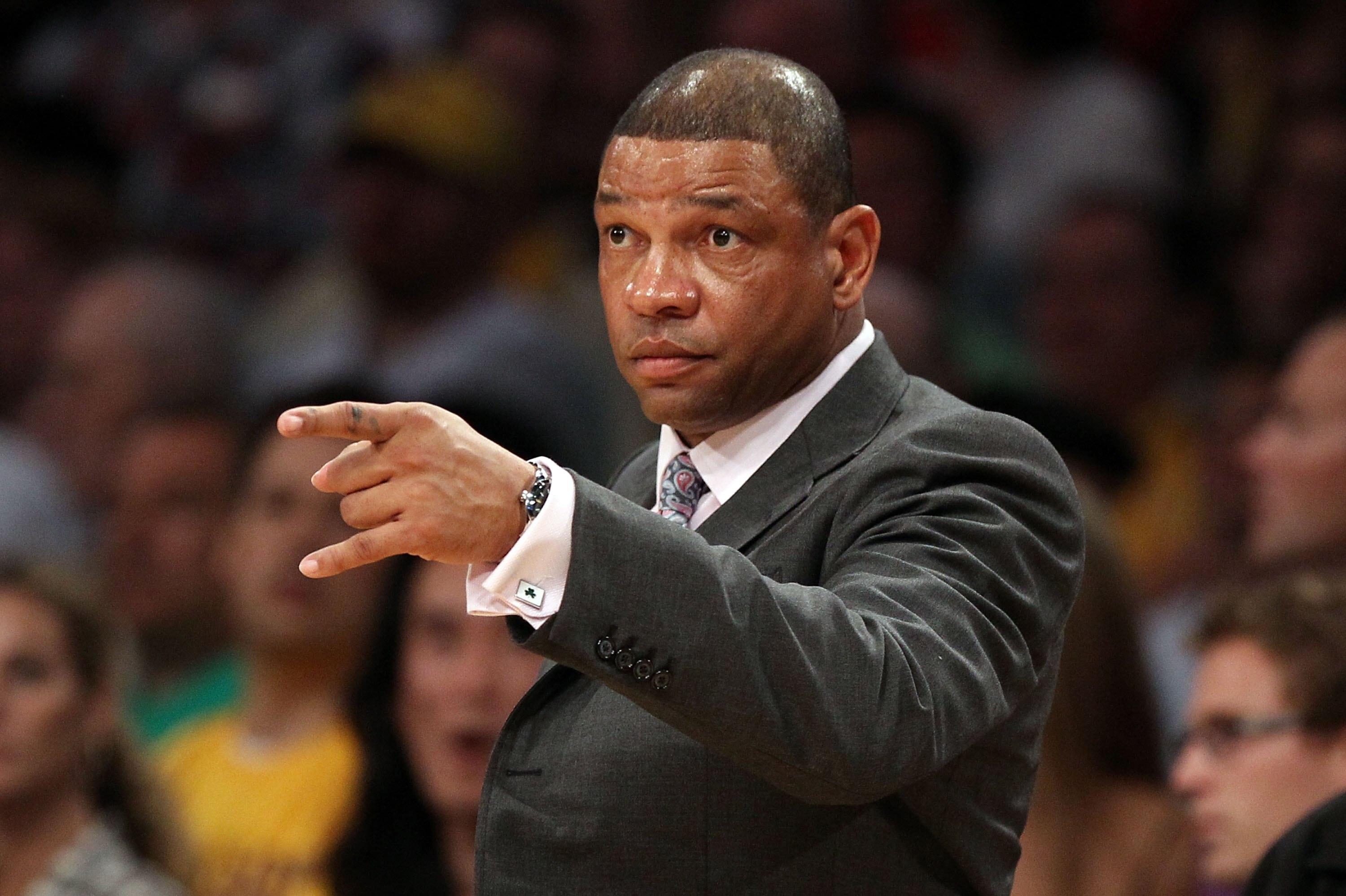 LOS ANGELES, CA - JUNE 17:  Head coach Doc Rivers of the Boston Celtics reacts while taking on the Los Angeles Lakers in Game Seven of the 2010 NBA Finals at Staples Center on June 17, 2010 in Los Angeles, California.  NOTE TO USER: User expressly acknowl