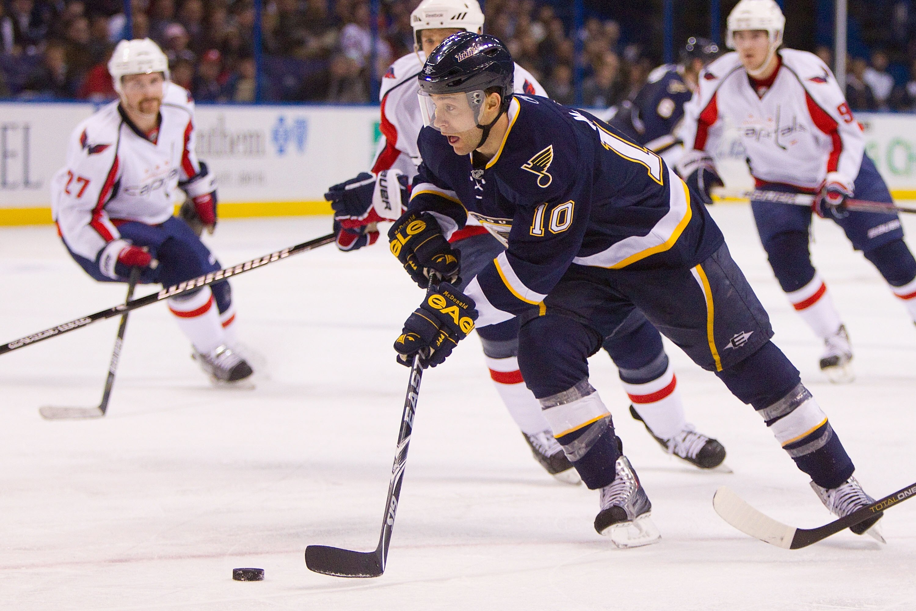 ST. LOUIS, MO - DECEMBER 01: Andy McDonald #10 of the St. Louis Blues looks to pass the puck against the Washington Capitals at the Scottrade Center on December 1, 2010 in St. Louis, Missouri.  The Capitals beat the Blues 4-1.  (Photo by Dilip Vishwanat/G