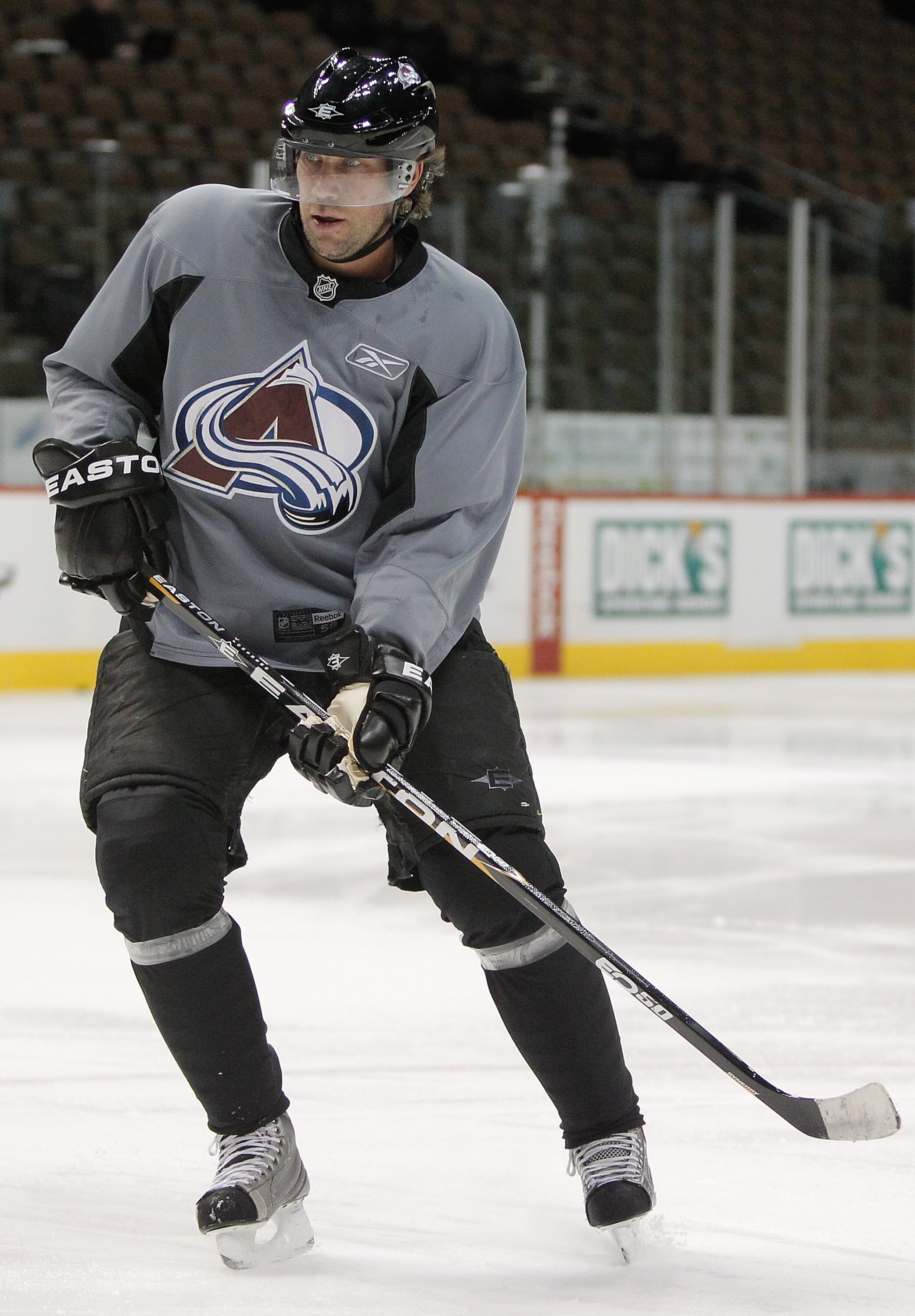 DENVER, CO - JANUARY 22:  Peter Forsberg prepares to receive the puck during a practice session with the Colorado Avalanche at the Pepsi Center on January 22, 2011 in Denver, Colorado. The star center is mulling a comeback with the team and is practicing