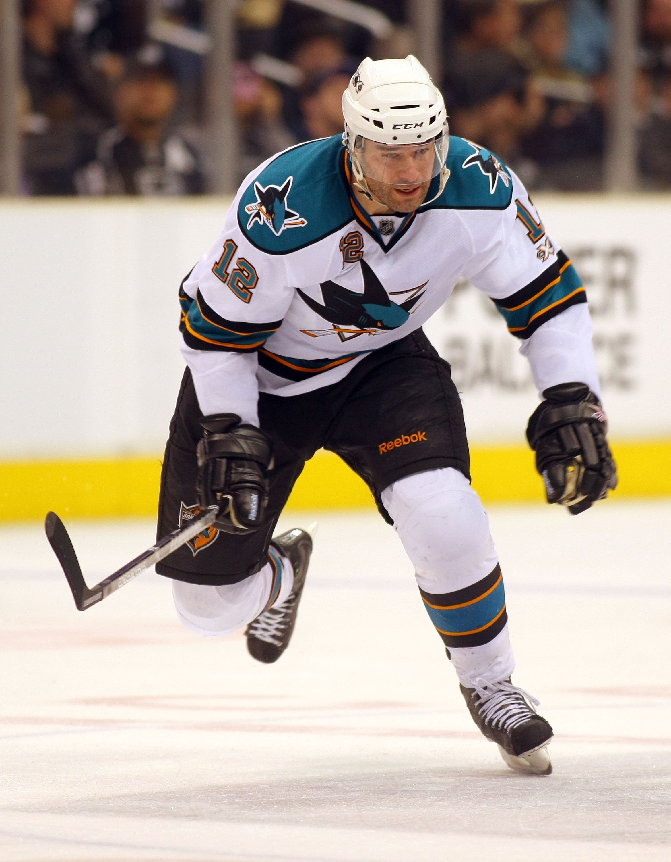LOS ANGELES, CA - JANUARY 26:  Patrick Marleau #12 of the San Jose Sharks skates through the neutral zone against the Los Angeles Kings during their NHL game at Staples Center on January 26, 2011 in Los Angeles, California. The Kings defeated the Sharks 3