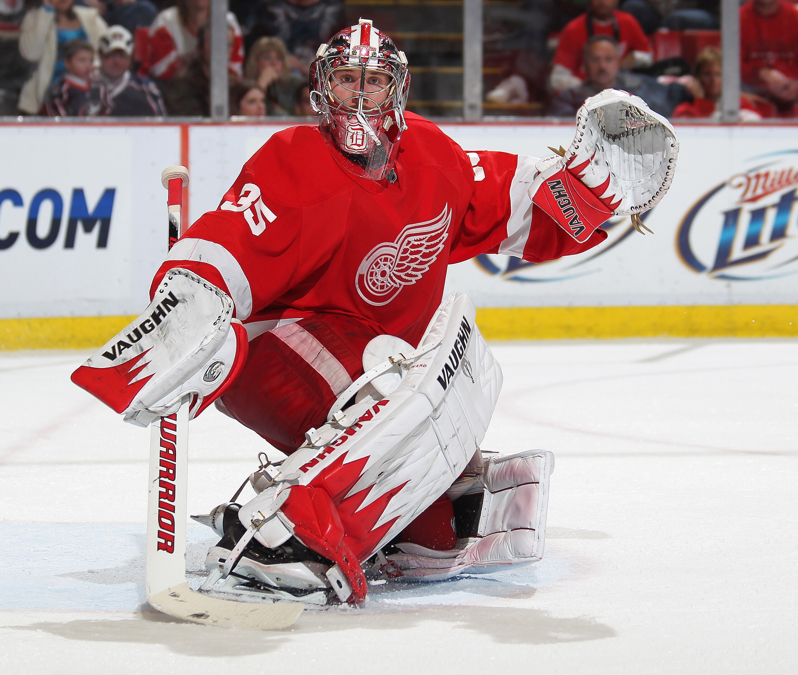 DETROIT, MI - FEBRUARY 4:  Jimmy Howard #35 of the Detroit Red Wings turns a shot away in a game against the Columbus Blue Jackets on February 4, 2011 at the Joe Louis Arena in Detroit, Michigan. The Blue Jackets defeated the Wings 3-0. (Photo by Claus An
