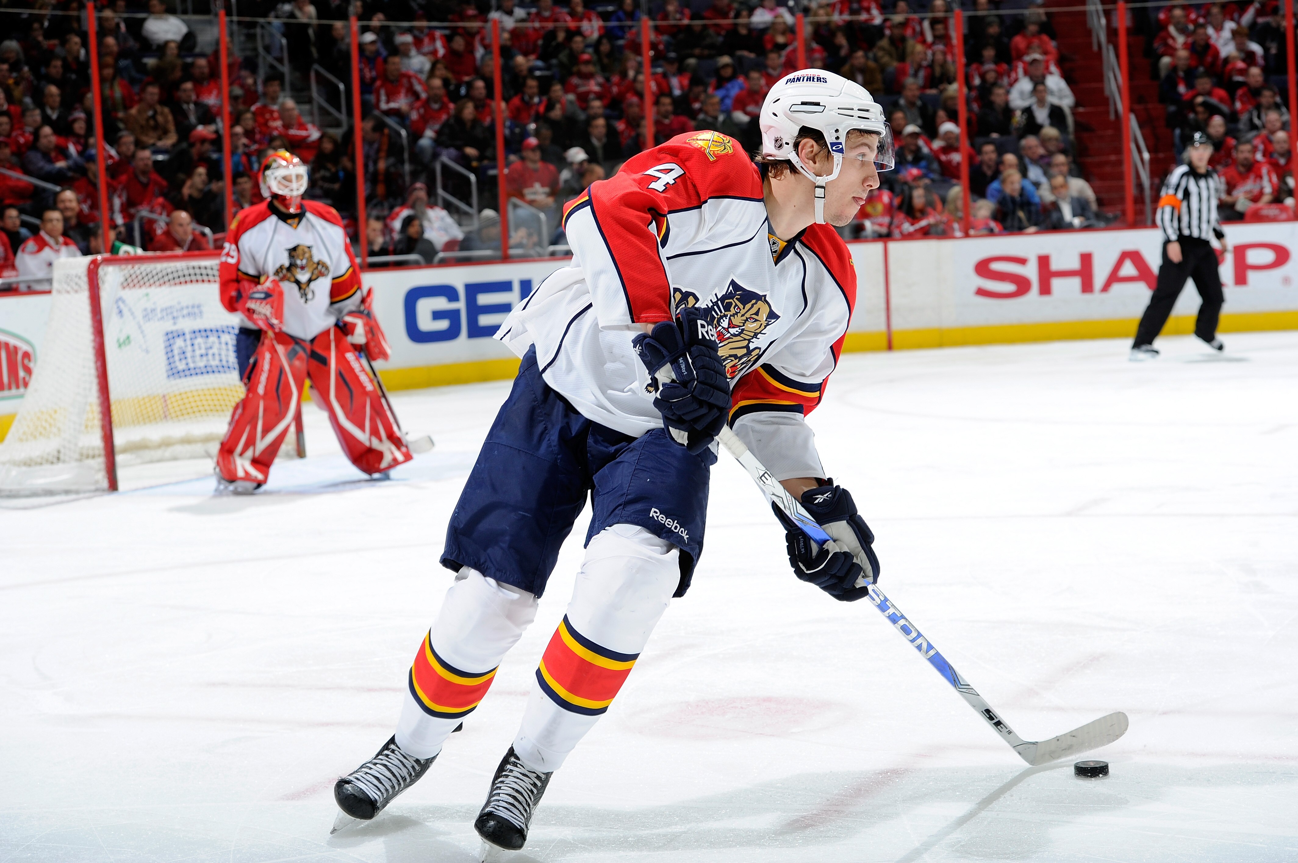 WASHINGTON, DC - DECEMBER 09:  Keaton Ellerby #4 of the Florida Panthers brings the puck up the ice against the Washington Capitals at the Verizon Center on December 9, 2010 in Washington, DC. The Panthers won the game 3-0. (Photo by Greg Fiume/Getty Imag