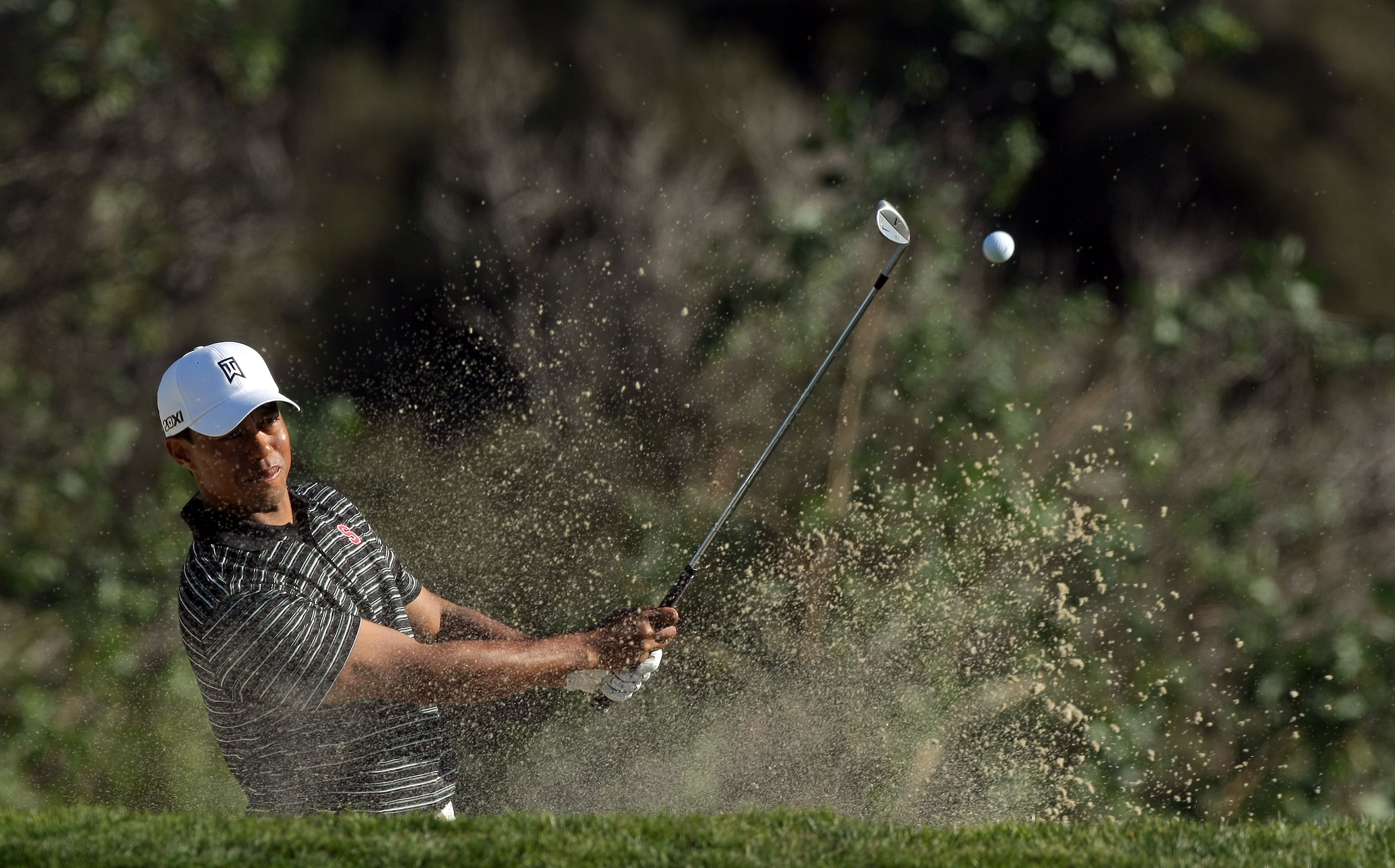 LA JOLLA, CA - JANUARY 29:  Tiger Woods hits out of the bunker on the 16th hole during Round 3 of the Farmers Insurance Open at Torrey Pines on January 29, 2011 in La Jolla, California. (Photo by Donald Miralle/Getty Images)