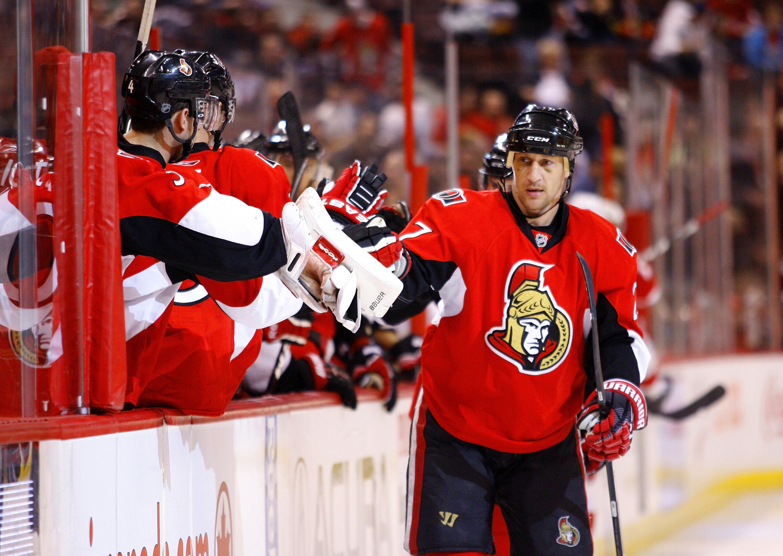 OTTAWA, ON - FEBRUARY 02:  Alex Kovalev #27 of the Ottawa Senators celebrates his goal against the Detroit Red Wings with his teammates on the bench in a game at Scotiabank Place on February 2, 2011 in Ottawa, Canada.  (Photo by Phillip MacCallum/Getty Im