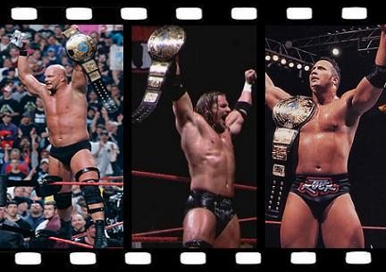 Steve Austin, HHH and The Rock with the WWF Championship.