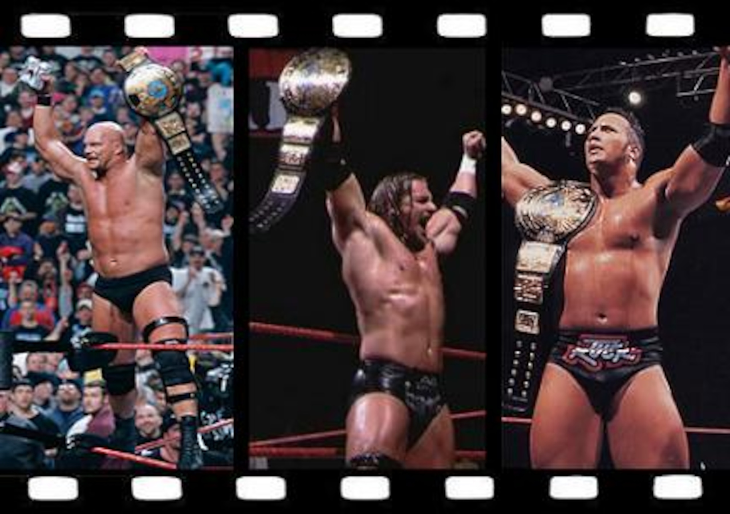 Steve Austin, HHH and The Rock with the WWF Championship. Steve Austin, HHH and The Rock with the WWF Championship.