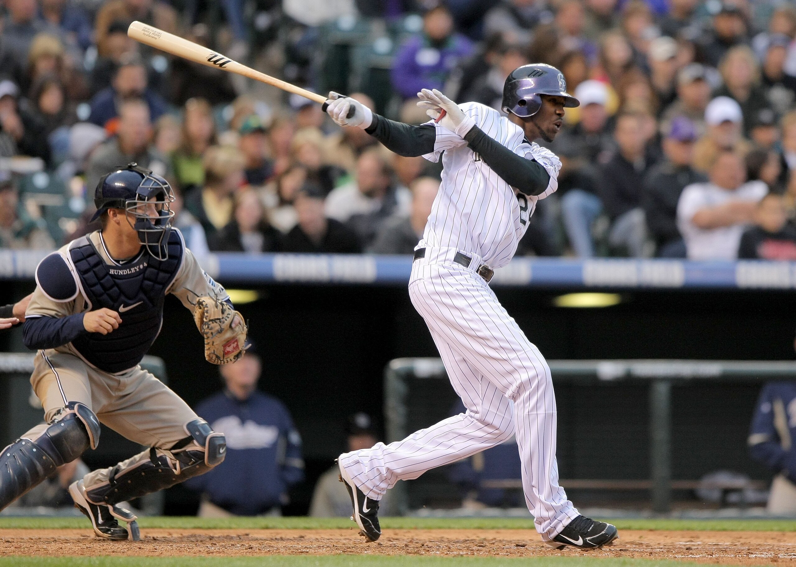 DENVER - APRIL 10:  Outfielder Dexter Fowler #24 of the Colorado Rockies takes an at bat against the San Diego Padres during MLB action at Coors Field on April 10, 2010 in Denver, Colorado. The Padres defeated the Rockies 5-4 in 14 innings.  (Photo by Dou