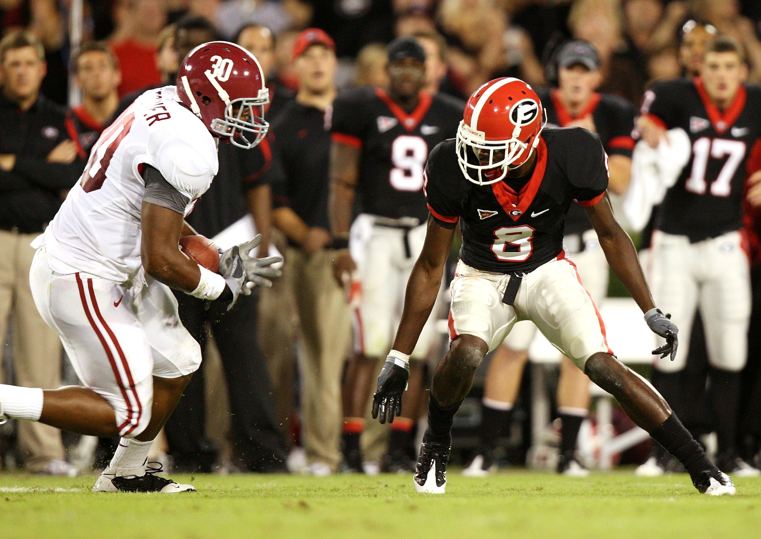 ATHENS, GA - SEPTEMBER 27:  Linebacker Dont'a Hightower #30 of the Alabama Crimson Tide intercepts a pass off the hands of wide receiver A.J. Green #8 of the Georgia Bulldogs at Sanford Stadium on September 27, 2008 in Athens, Georgia.  (Photo by Doug Ben