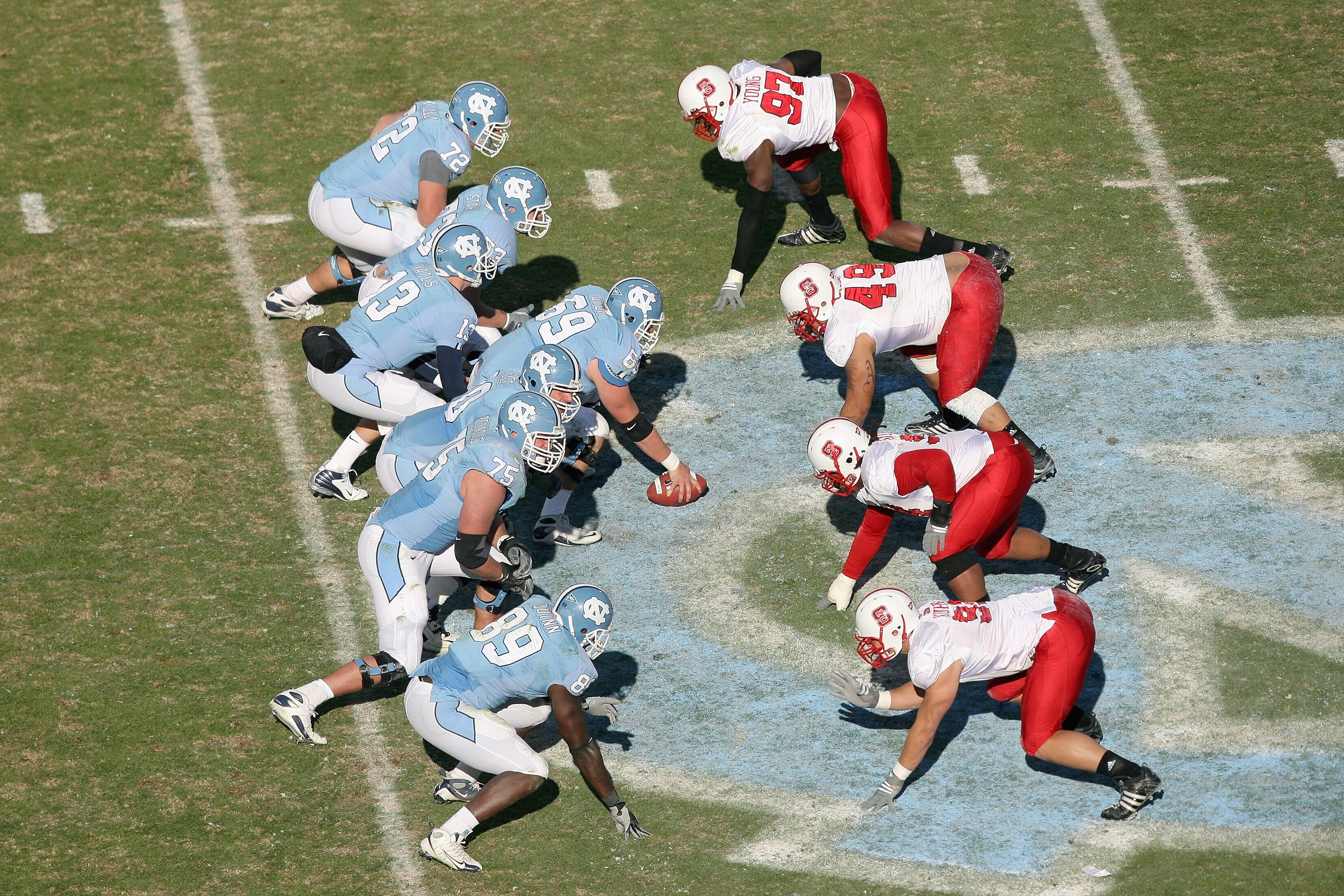 CHAPEL HILL, NC - NOVEMBER 22: A general view of the North Carolina State Wolfpack lining up against the North Carolina Tar Heels during the game at Kenan Stadium on November 22, 2008 in Chapel Hill, North Carolina. (Photo by Streeter Lecka/Getty Images)