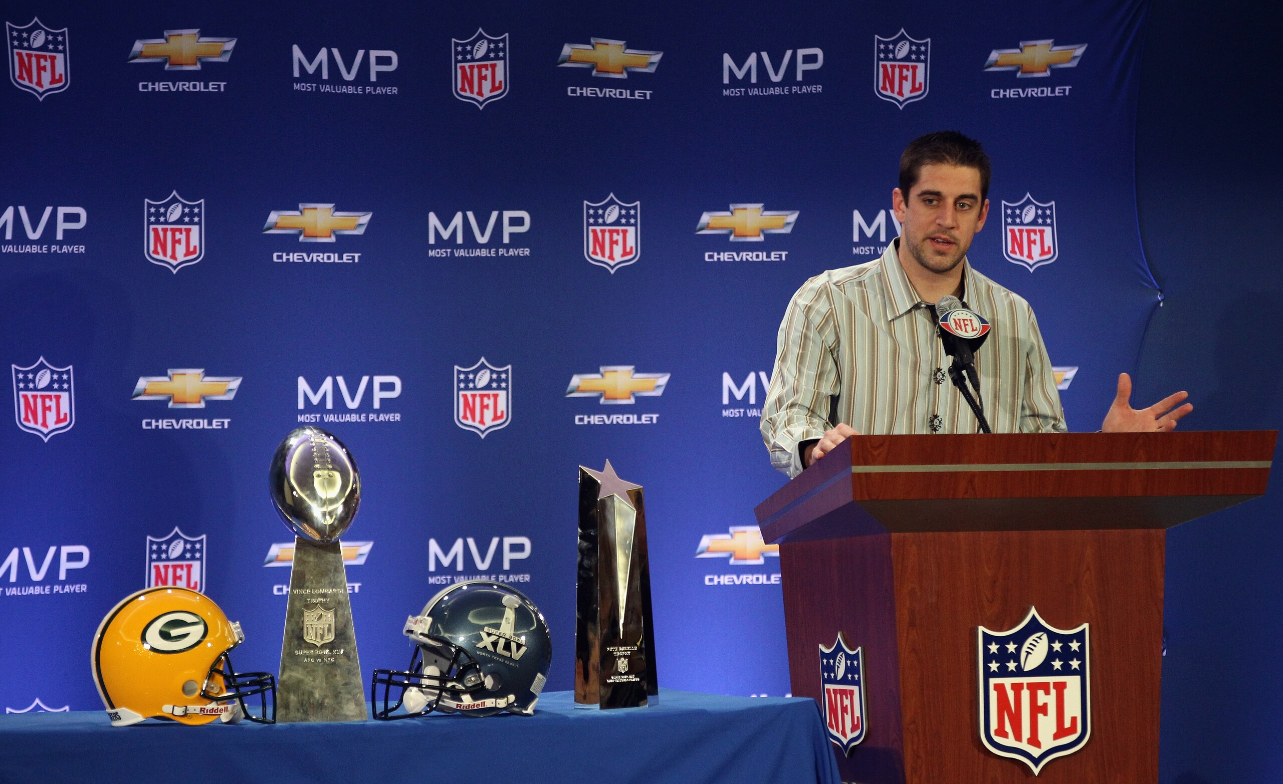 DALLAS, TX - FEBRUARY 07: Green Bay Packers quarterback Aaron Rodgers speaks to the media during a press conference at Super Bowl XLV Media Center on February 7, 2011 in Dallas, Texas. (Photo by Streeter Lecka/Getty Images) DALLAS, TX - FEBRUARY 07: Green Bay Packers quarterback Aaron Rodgers speaks to the media during a press conference at Super Bowl XLV Media Center on February 7, 2011 in Dallas, Texas. (Photo by Streeter Lecka/Getty Images)