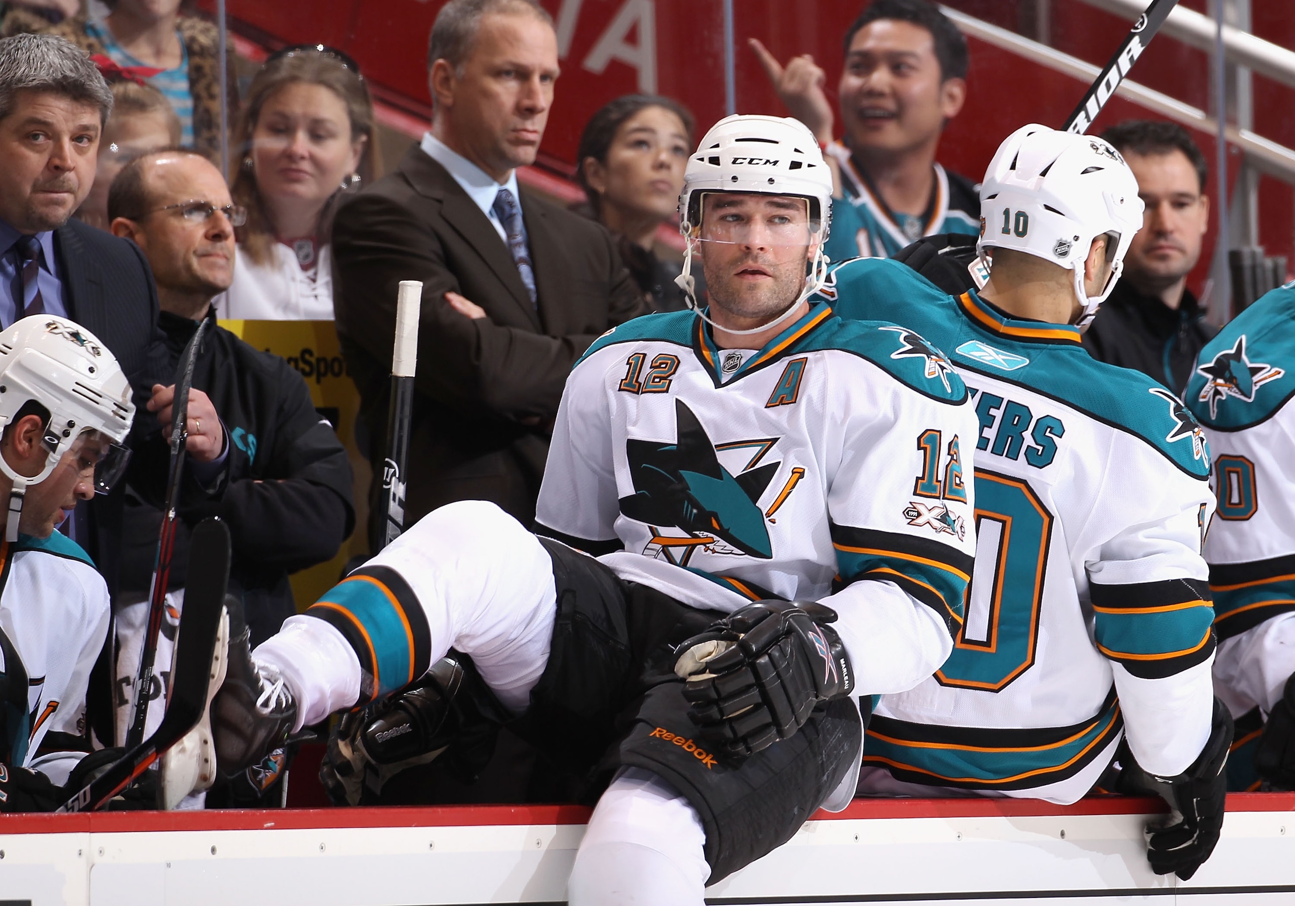 GLENDALE, AZ - JANUARY 17:  Patrick Marleau #12 of the San Jose Sharks leaves the bench during the NHL game against the Phoenix Coyotes at Jobing.com Arena on January 17, 2011 in Glendale, Arizona.  The Sharks defeated the Coyotes 4-2.  (Photo by Christia