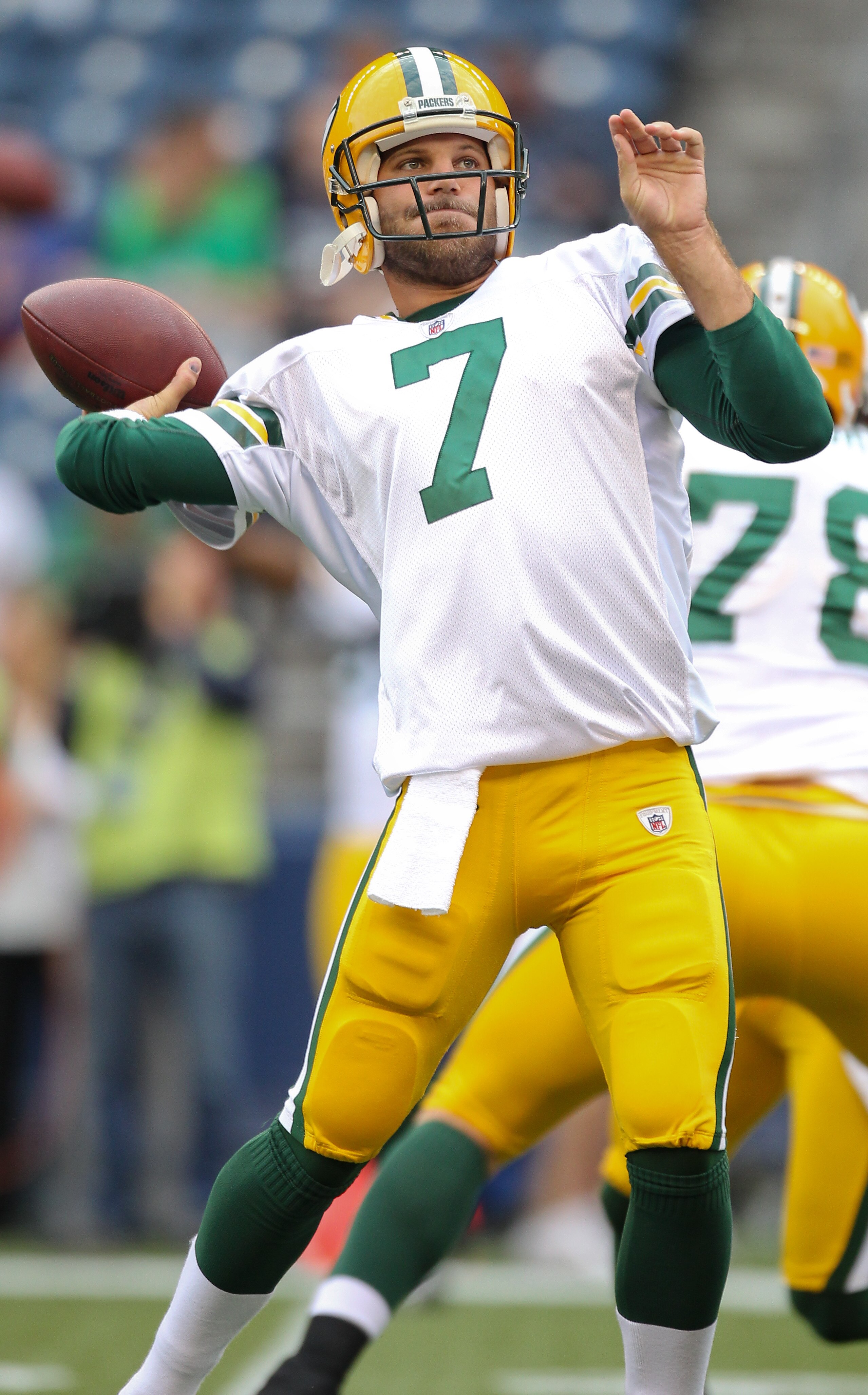 SEATTLE - AUGUST 21:  Quarterback Graham Harrell #7 of the Green Bay Packers warms up prior to the preseason game against the Seattle Seahawks at Qwest Field on August 21, 2010 in Seattle, Washington. (Photo by Otto Greule Jr/Getty Images)