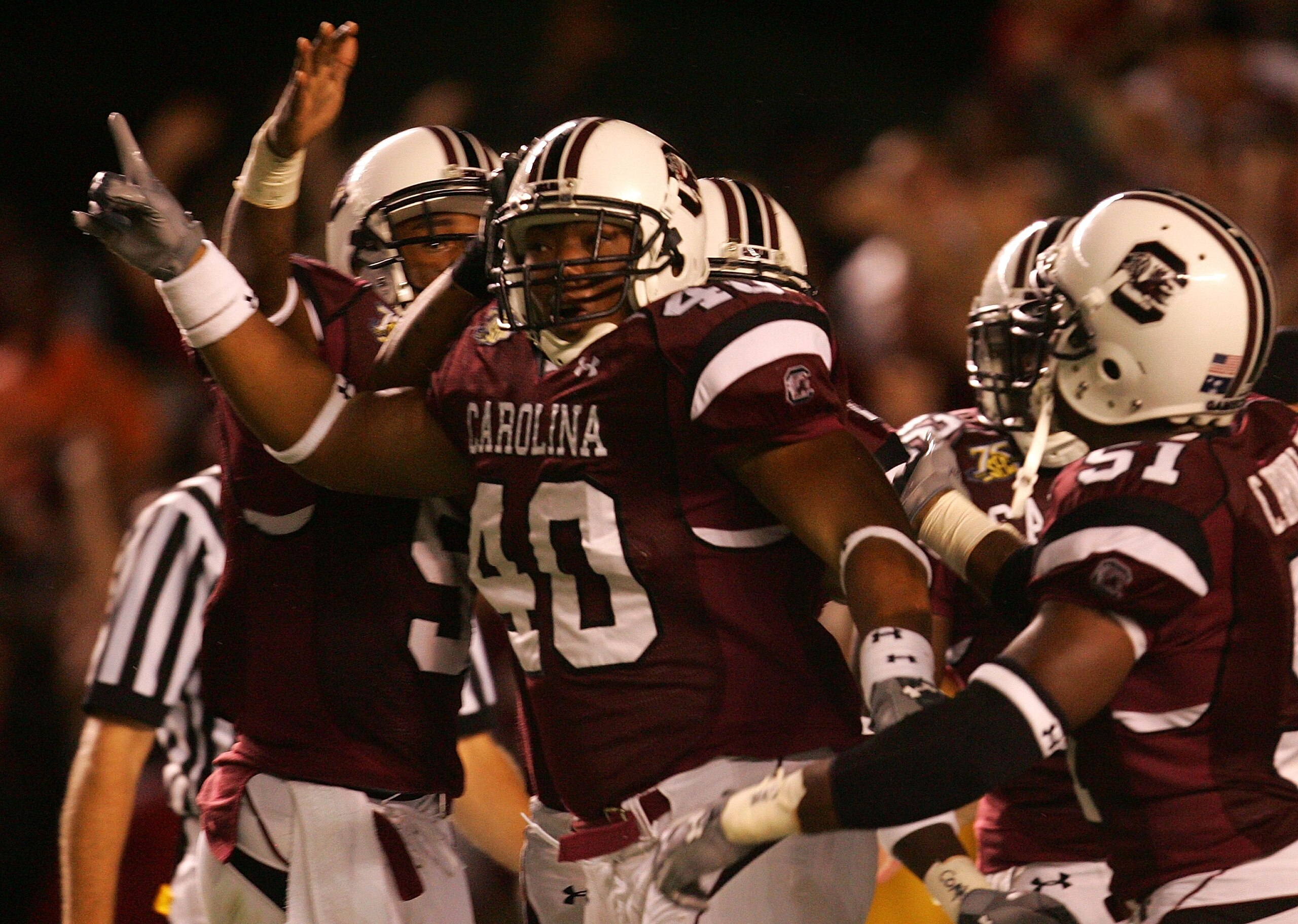 COLUMBIA, SC - OCTOBER 4:  Eric Norwood #40 of the South Carolina Gamecocks celebrates with teammates after recovering a fumble for a touchdown against the Kentucky Wildcats during their game at Williams-Brice Stadium October 4, 2007 in Columbia, South Ca
