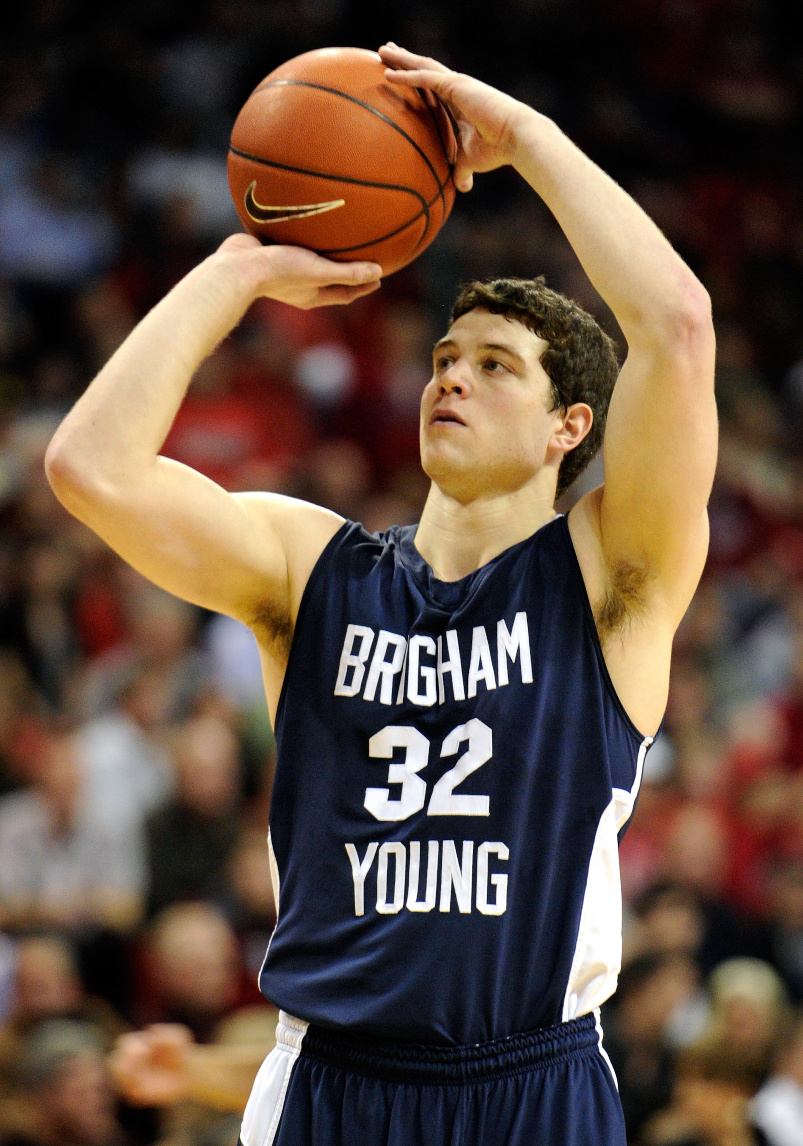 LAS VEGAS, NV - JANUARY 05:  Jimmer Fredette #32 of the Brigham Young University Cougars shoots a technical free throw during a game against the UNLV Rebels at the Thomas & Mack Center January 5, 2011 in Las Vegas, Nevada. BYU won 89-77.  (Photo by Ethan 