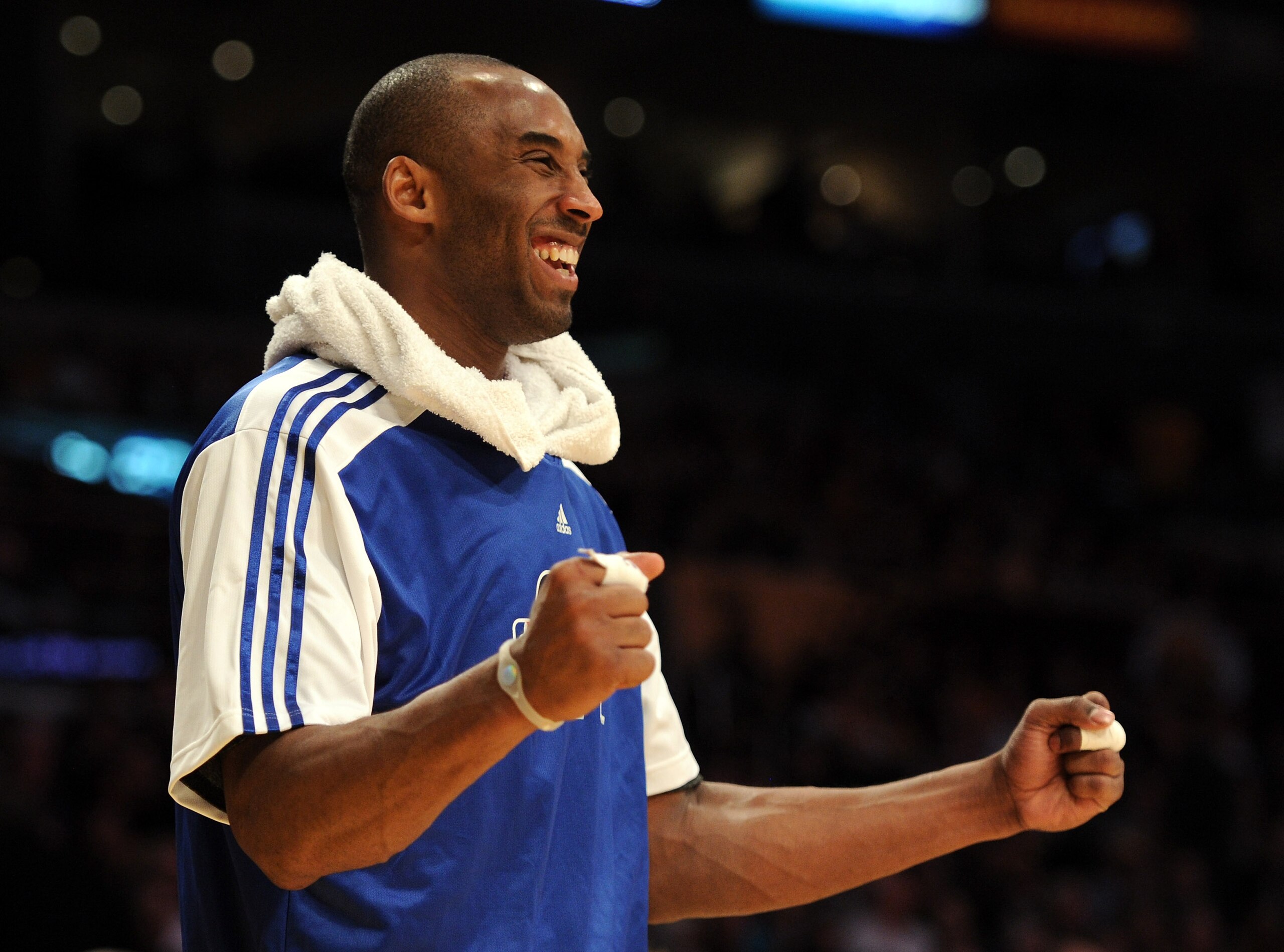 LOS ANGELES, CA - JANUARY 04:  Kobe Bryant #24 of the Los Angeles Lakers celebrates a basket from the bench during a 108-83 win over the Detroit Pistons at the Staples Center on January 4, 2011 in Los Angeles, California. NOTE TO USER: User expressly ackn