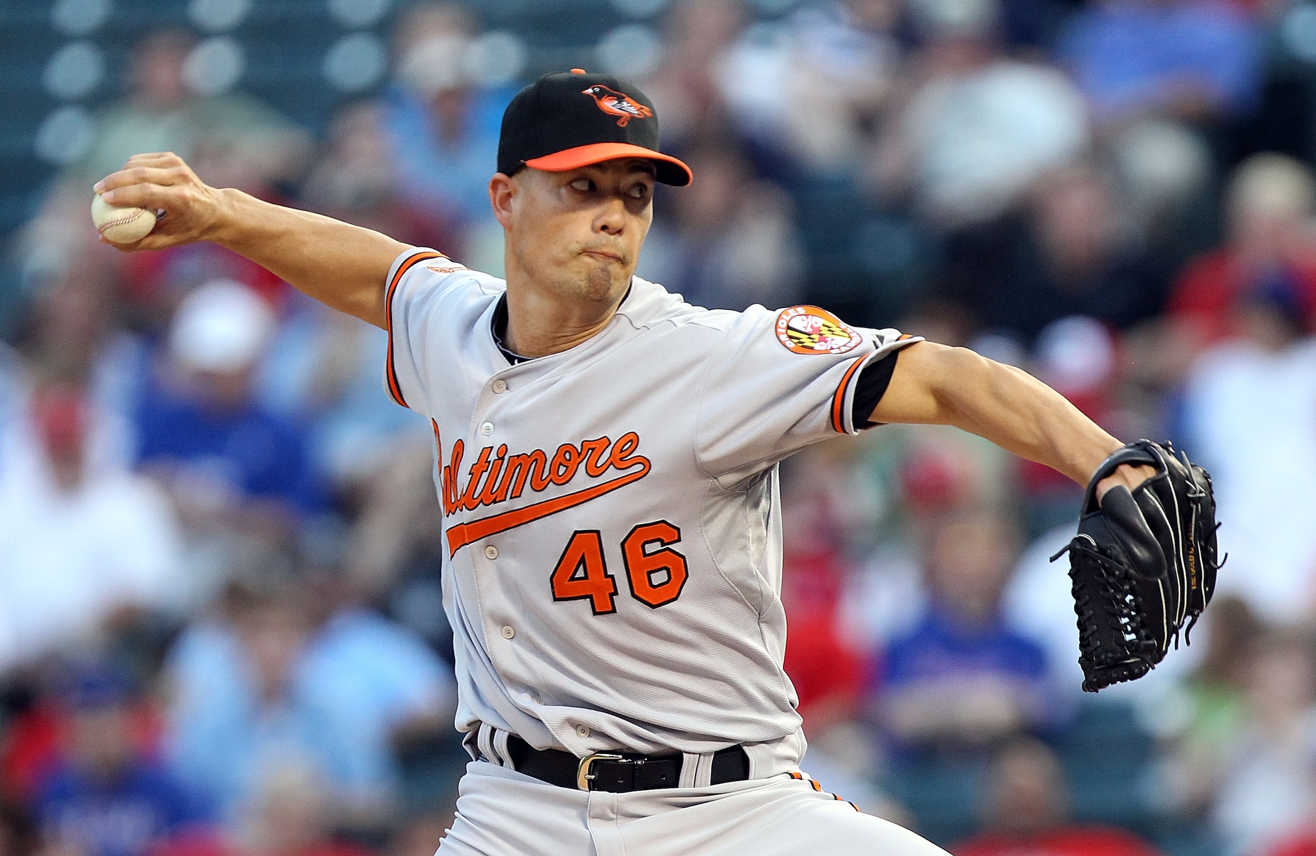 ARLINGTON, TX - MAY 19:  Pitcher Jeremy Guthrie #46 of the Baltimore Orioles throws against the Texas Rangers on May 19, 2010 at Rangers Ballpark in Arlington, Texas.  (Photo by Ronald Martinez/Getty Images)