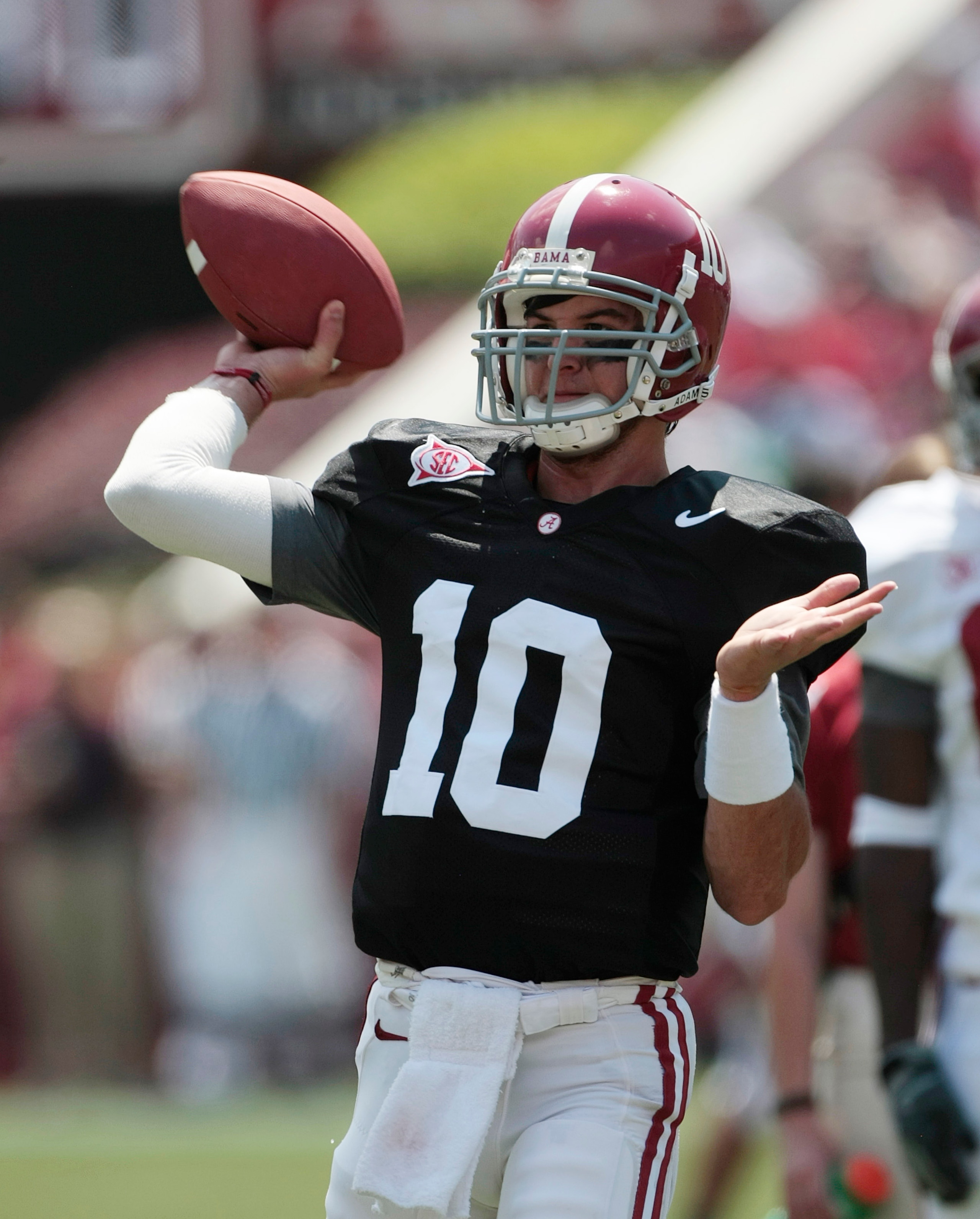 TUSCALOOSA, AL - APRIL 17: Quarterback A. J. McCarron #10 of the Alabama Crimson Tide warms up prior to the Alabama spring game at Bryant Denny Stadium on April 17, 2010 in Tuscaloosa, Alabama. (Photo by Dave Martin/Getty Images) TUSCALOOSA, AL - APRIL 17: Quarterback A. J. McCarron #10 of the Alabama Crimson Tide warms up prior to the Alabama spring game at Bryant Denny Stadium on April 17, 2010 in Tuscaloosa, Alabama. (Photo by Dave Martin/Getty Images)
